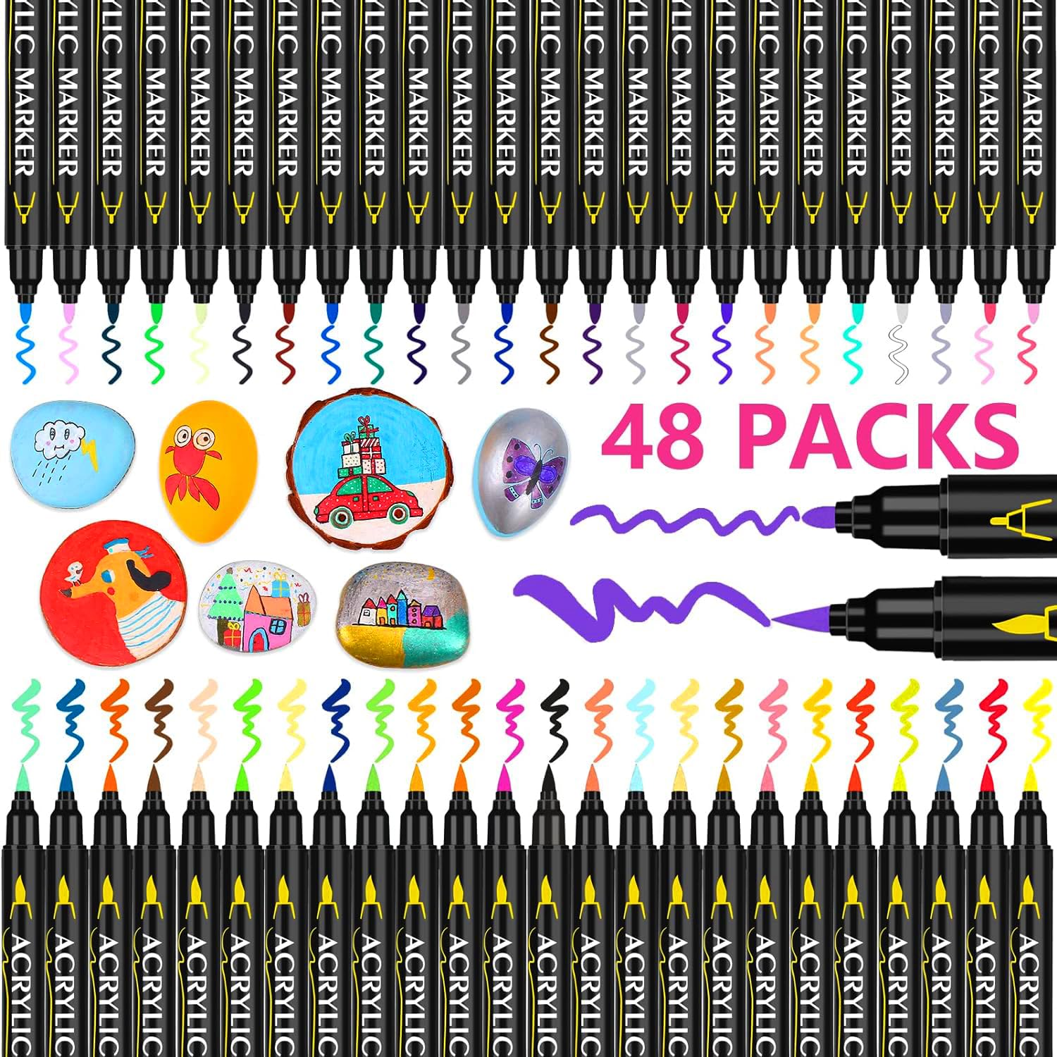 Laconile 48 Acrylic Paint Pens for Rock Painting,Acrylic Markers Paint Markers for Glass Stone Wood Ceramic,Dual Tip Acrylic Pens with Fine and Brush Tip for Adults Kids