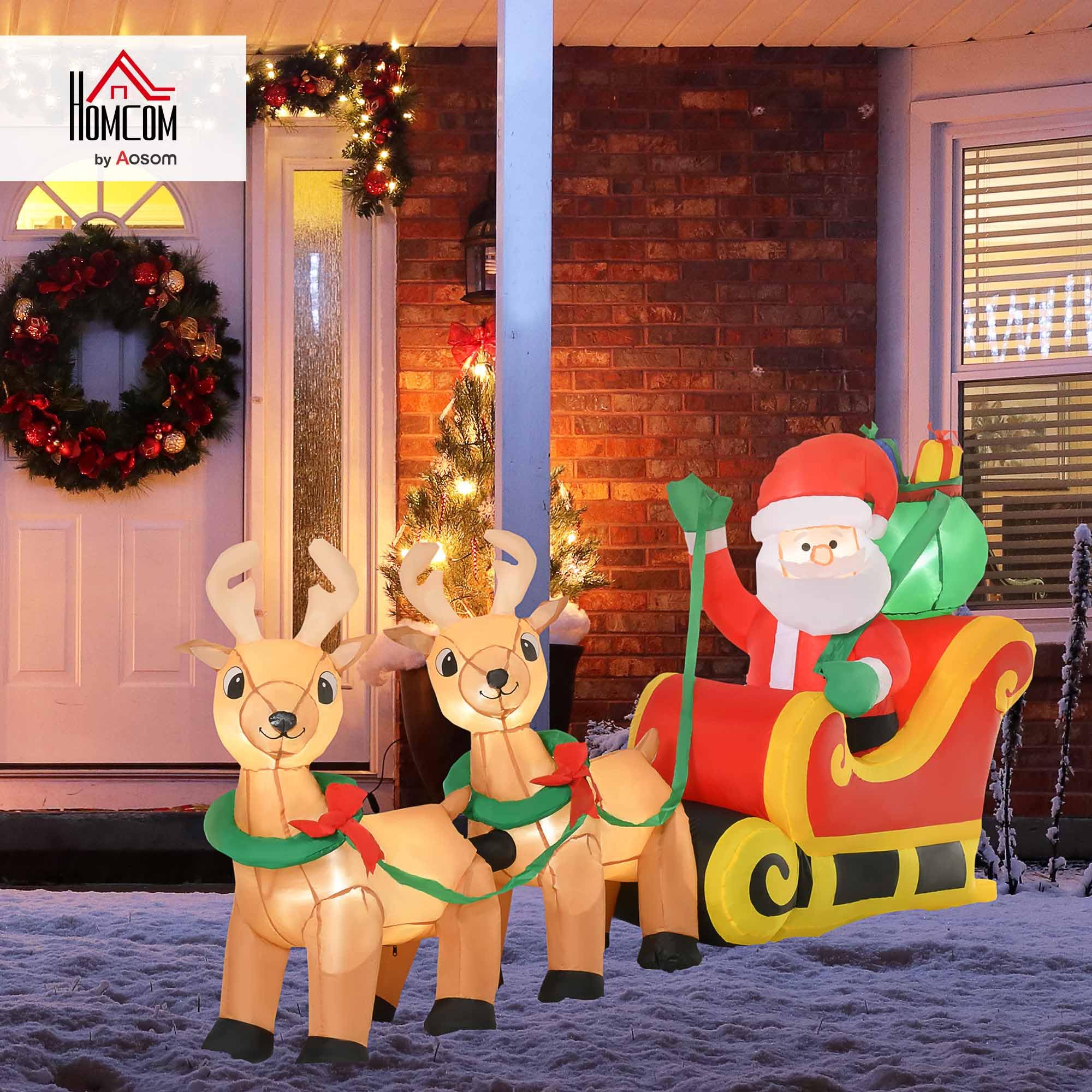 HOMCOM Babbo Natale Gonfiabile con Slitta e 2 Renne a LED 240x57x112cm