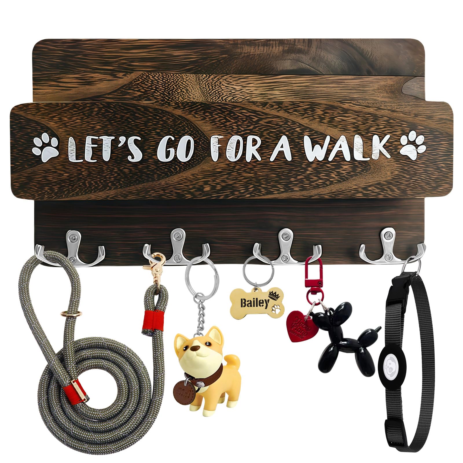 Dog Lead Hook, Wood Dog Lead Hooks Wall Mounted, Key Hangers with 4 Double Key, Can Hold Dog Leash, Keys and Treats, Wooden Key Holder Wall Mount for Entryway, Bedroom, Office (Brown)