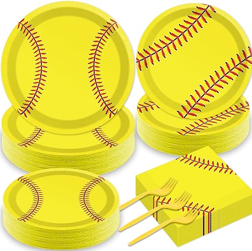 Qyeahkj 200 piezas de platos de fiesta de sóftbol suministros de softbol fiesta de cumpleaños decoraciones de fiesta de cumpleaños vajilla de papel