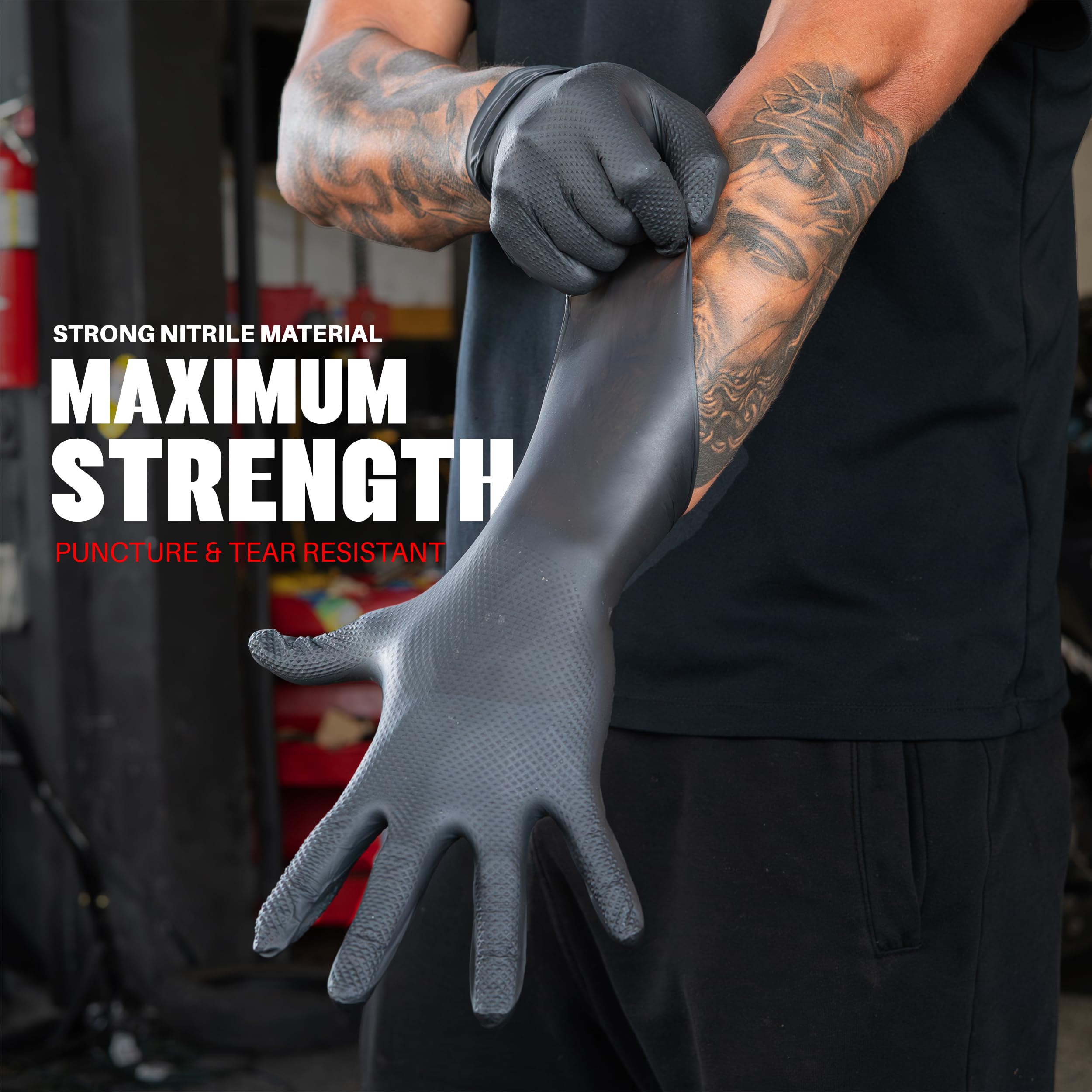 GRIPXX Guantes de nitrilo negros de 8 mm – Muy resistentes, textura de diamante en relieve 3D – Sin látex y sin polvo – Industrial, mecánico, servicio de alimentos – Guantes desechables para tareas