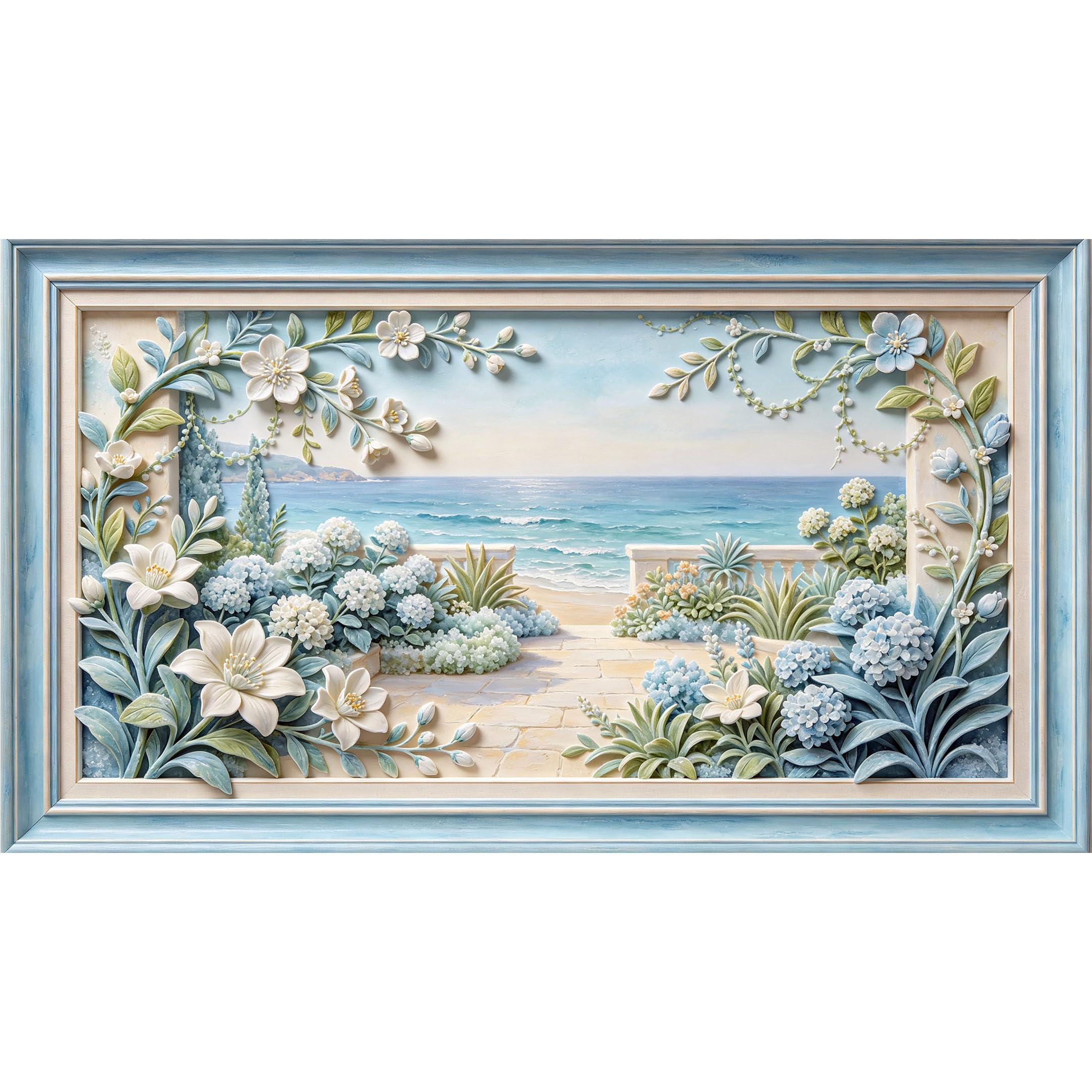 QZLITHOTIC 50×90cm3D Framed Wall Art， Coastal Ocean View Floral Hydrangea SelfAdhesive Mural， WaterActivated Peel & Stick Fabric Decor Wall Decal for Bedroom Living Room