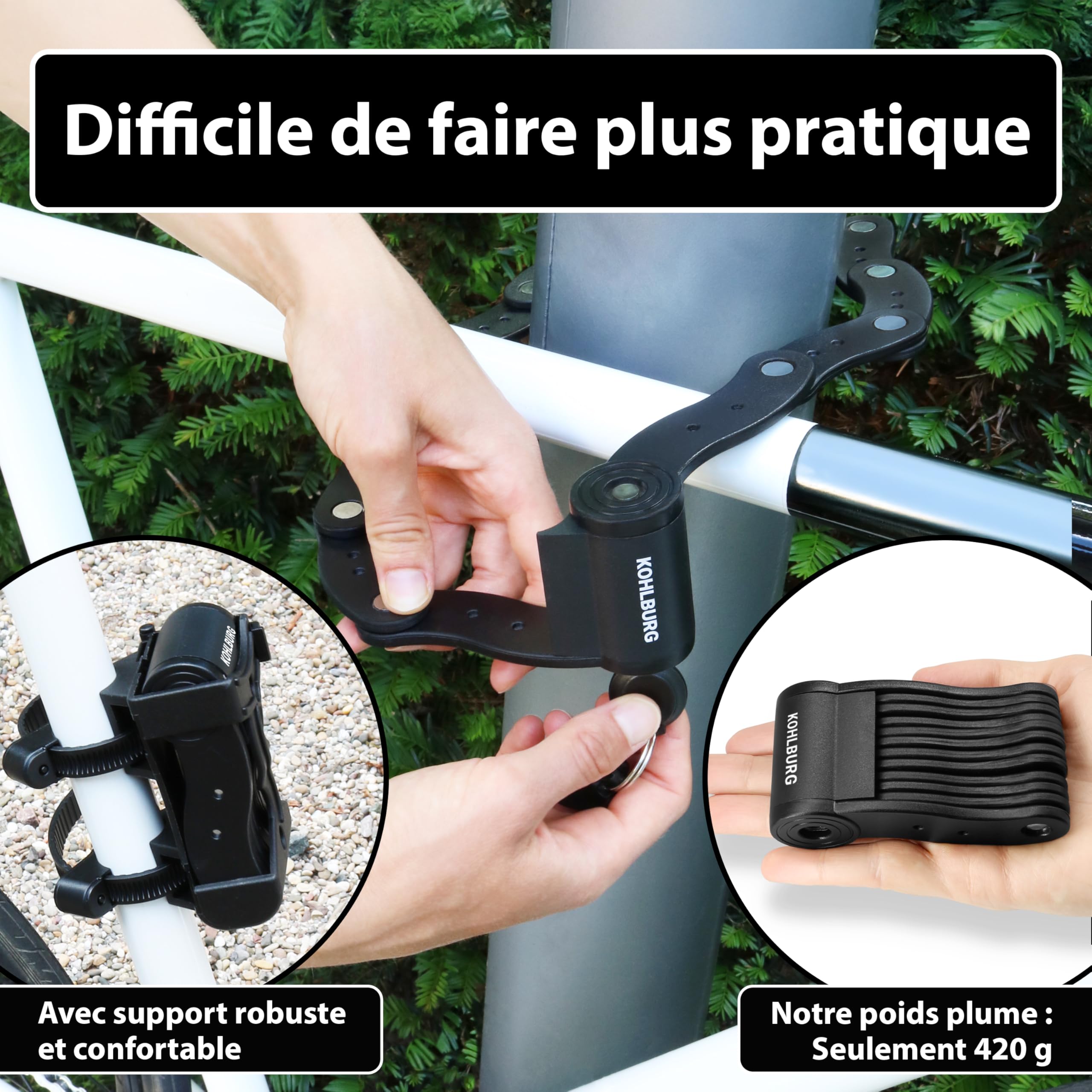 KOHLBURG antivol pliable léger de 420 g avec support pour longues randonnées, protection courte durée, antivols à maillons 70 cm pour vélo, e‑bike & vélo de course, mini antivol pliable petit & léger