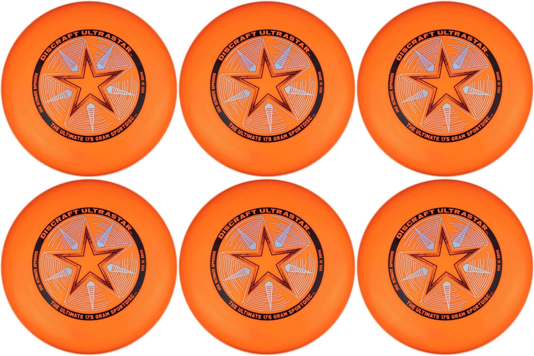 Discraft Ultra-Star Ultimate Frisbee 175 Gram Championship -Orange (6-Pack)