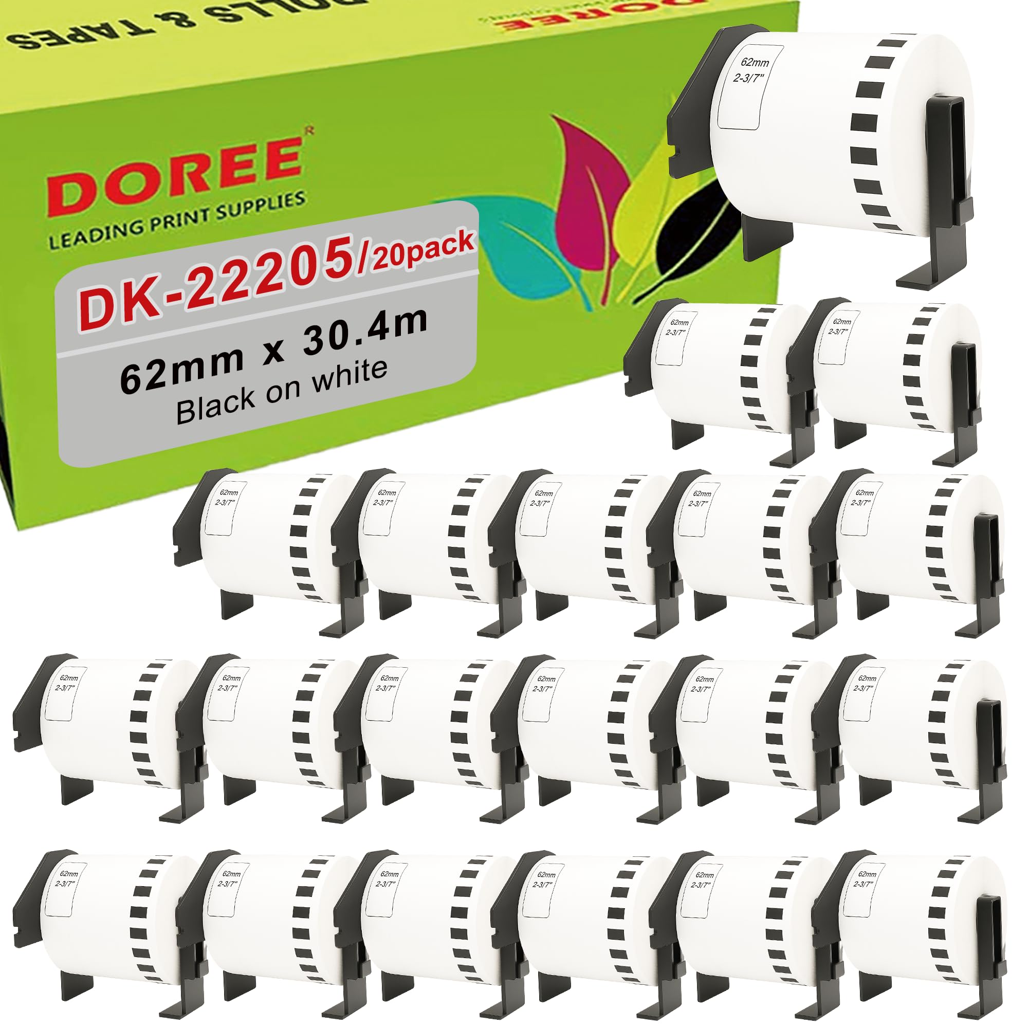 20 x DOREE DK-22205 Etichette Continue, Compatibili con Brother DK-22205,62 mm x 30,48m Rotolo etichette, Per Stampante etichette Brother QL-500, QL-550, QL-570, QL-700, QL-800, QL-1050, QL-1100