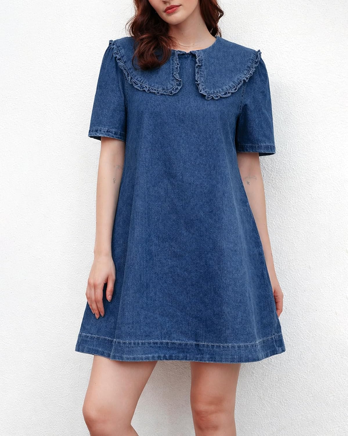 Kedera Womens Denim Mini Dress 2025 Peter Pan Collar Short Sleeve Casual Summer Babydoll Jean Dress with Pockets - Image 3