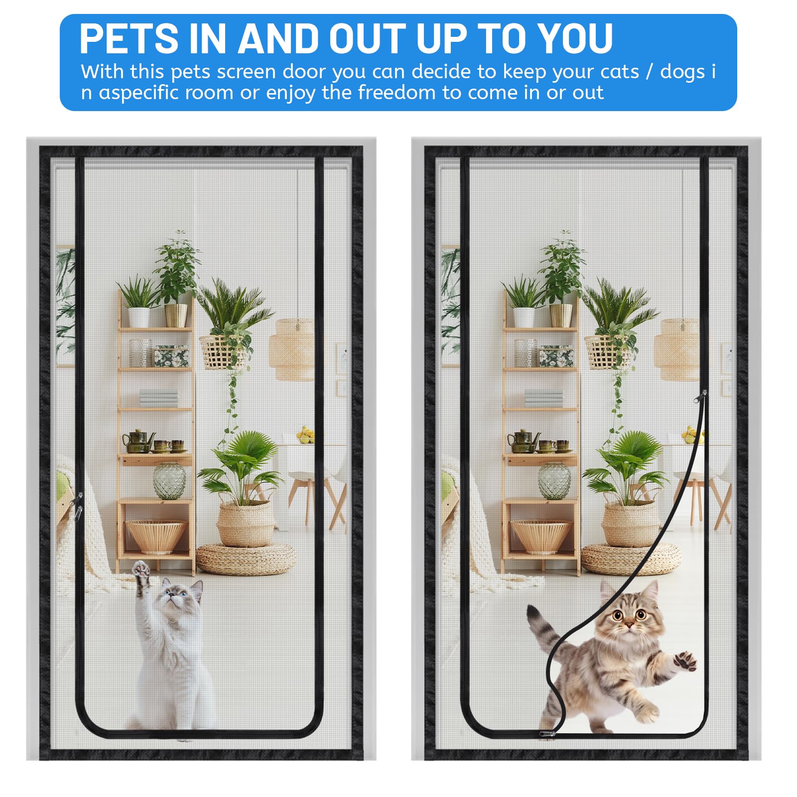 DBREAKS Schermo Porta per Gatto, Zanzariera per porta gatto a prova di graffio, Griglia di protezione gatto schermo con chiusura lampo, per soggiorno, camera da letto, cucina, terrazza, 90x210 cm
