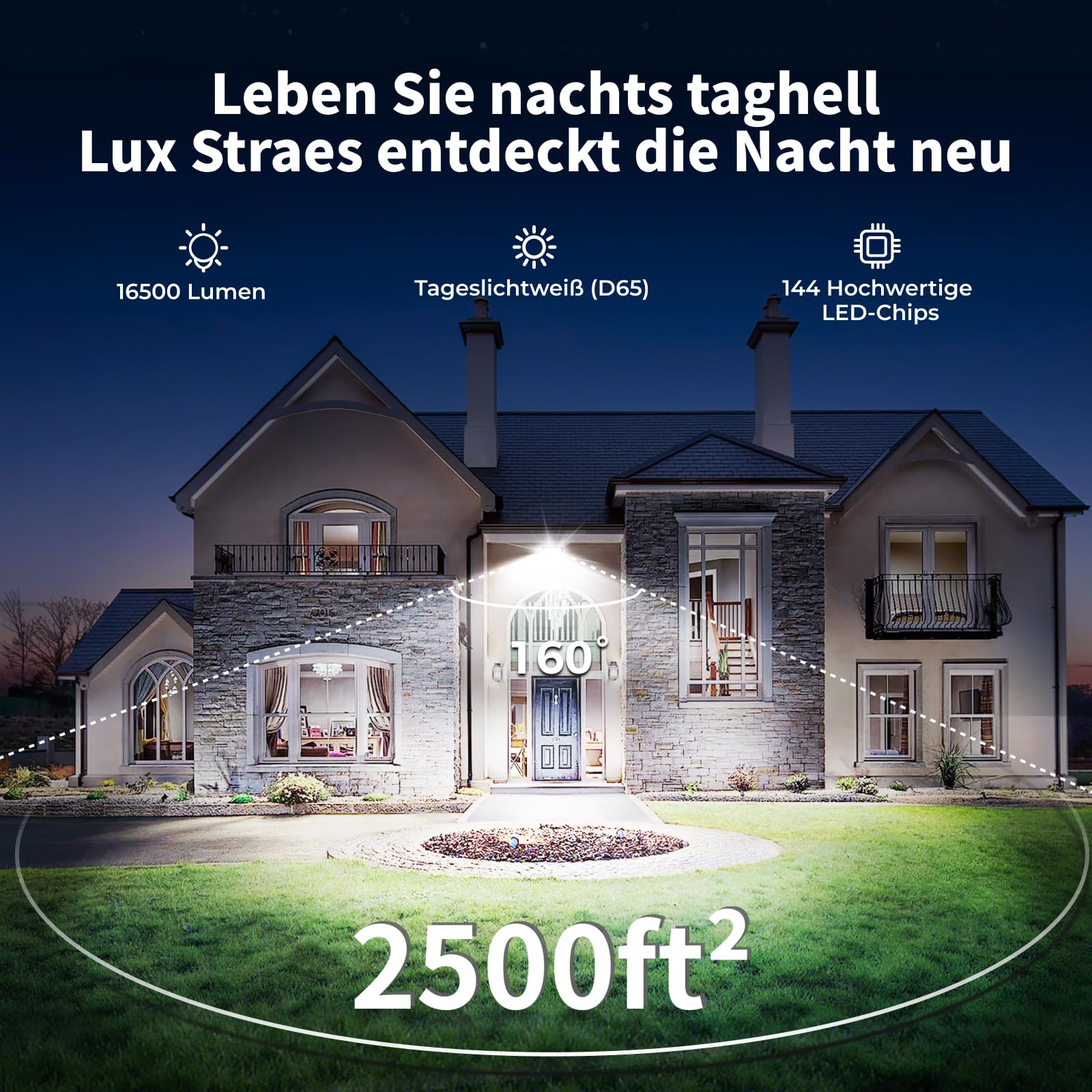150W LED Strahler Außen IP66 2er Set – 16500LM heller Flutlichtstrahler mit Stecker & 1,5m Kabel, 6500K Kaltweiß, 160° Ultraweitwinkel für Hof, Werkstatt, Garage