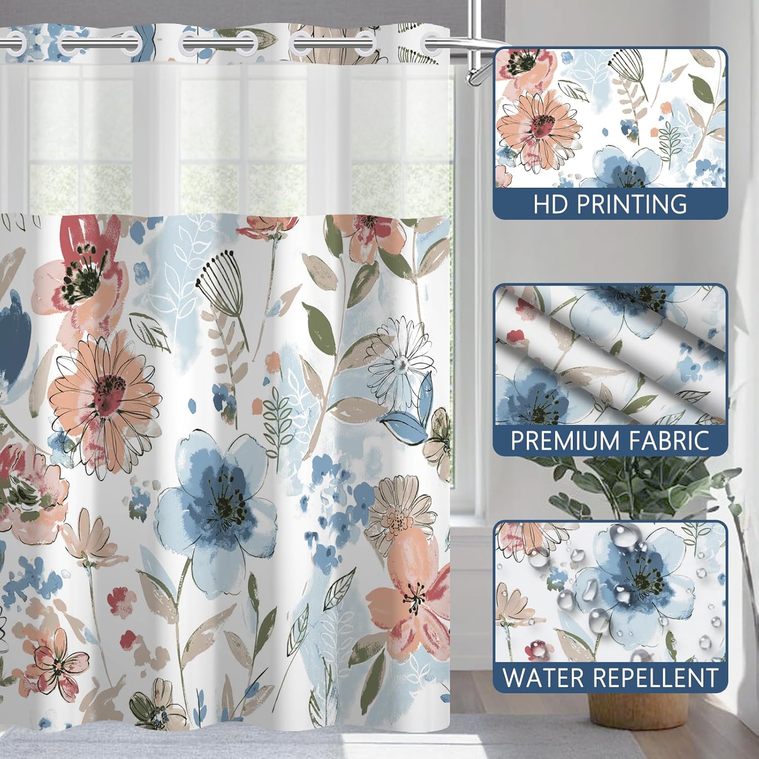 No Hook Shower Curtain with Snap in Liner, Watercolor Blue Pink Floral with Mesh Top Window, Waterproof Double Layer Modern Bathroom Decor, 71x74 Inch