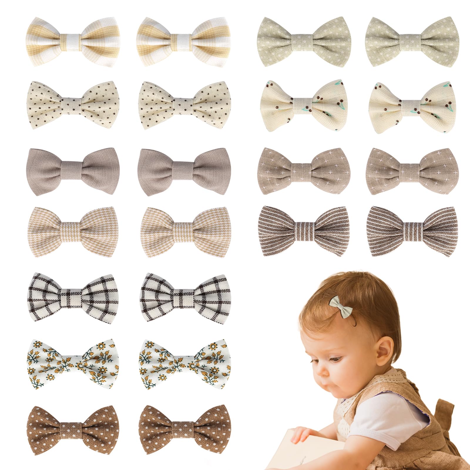 JESSCAT Paquete de 22 pinzas para el pelo para niñas pequeñas, lazos hechos a mano con pasadores antideslizantes totalmente forrados, accesorios de algodón y lino para cabello fino, ideal para recién