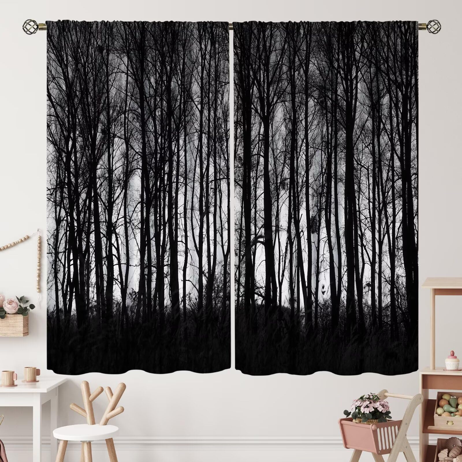 Gothic Blackout Curtains, Gothic Forest Trees Trough Foggy Mysterious Nature Artwork Window Treatments Living Room Bedroom Window Drapes 2 Panel Set
