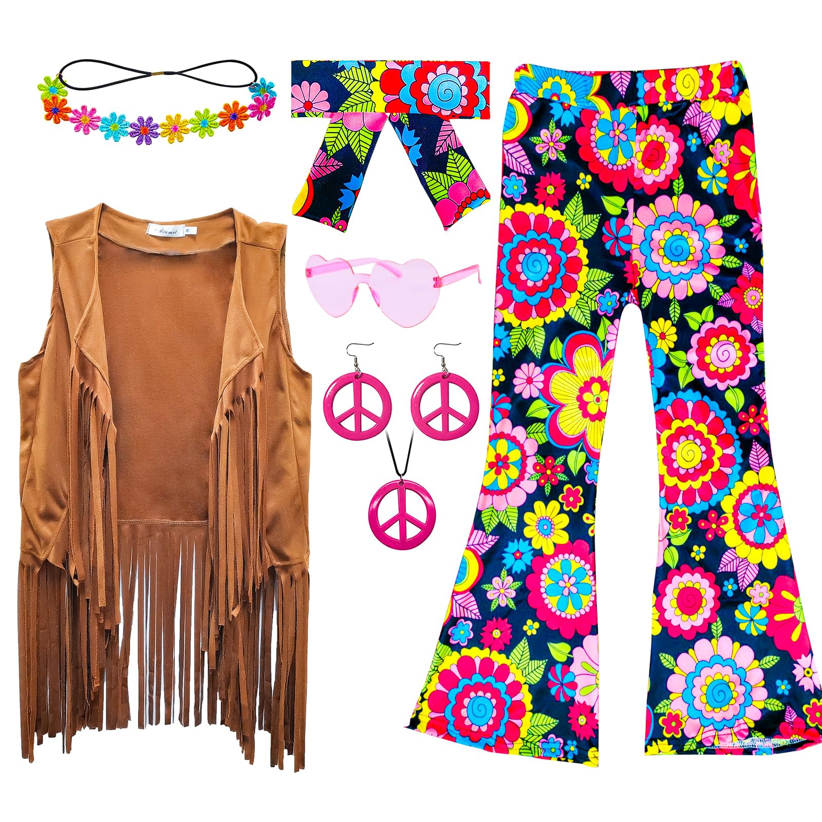 XonyiCos 8 Pcs Girls Kids 60s 70s Hippie Costume Disco Outfits Fringe Vest Boho Bell Bottoms Hippie Outfits Accessories Set