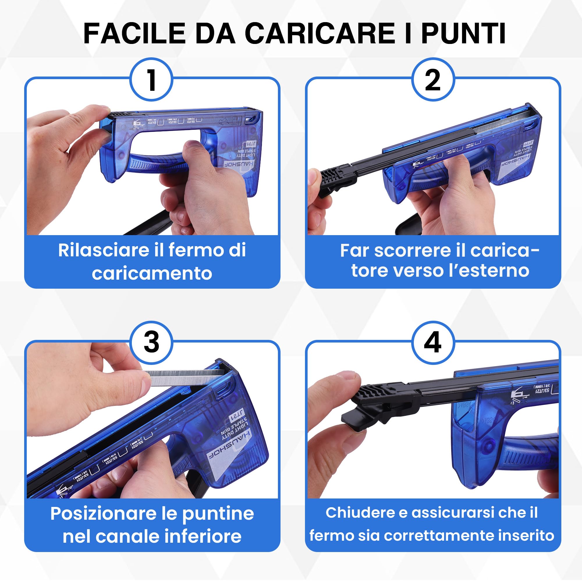 HAUSHOF Pistola Sparachiodi Trasparente con 800 Graffette JT21, Graffettatrice Impugnatura con Bloccaggio Automatico, Spillatrice Leggera per Fissare Tessuti, Cartone e Legno Sottile, Blu