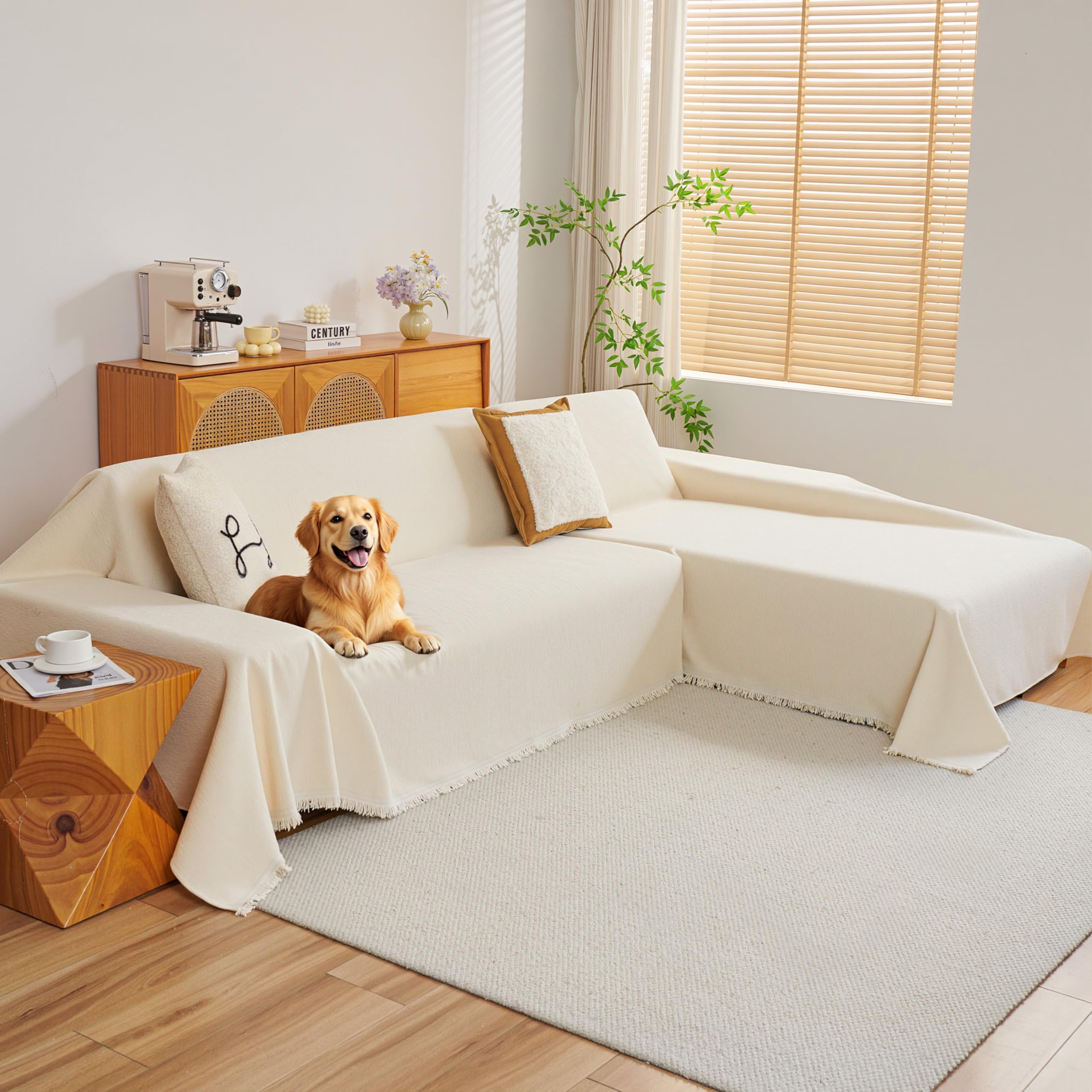 Photo 1 of MYSKY HOME Couch Cover for Sectional Sofa, 2 Pieces Chenille Couch Covers for L Shape Sofa Cover, Furniture Protector for Pets, Kids, Sofa Slipcover for 3-4 Cushion Couch (71"x118"+91"x134", Beige)