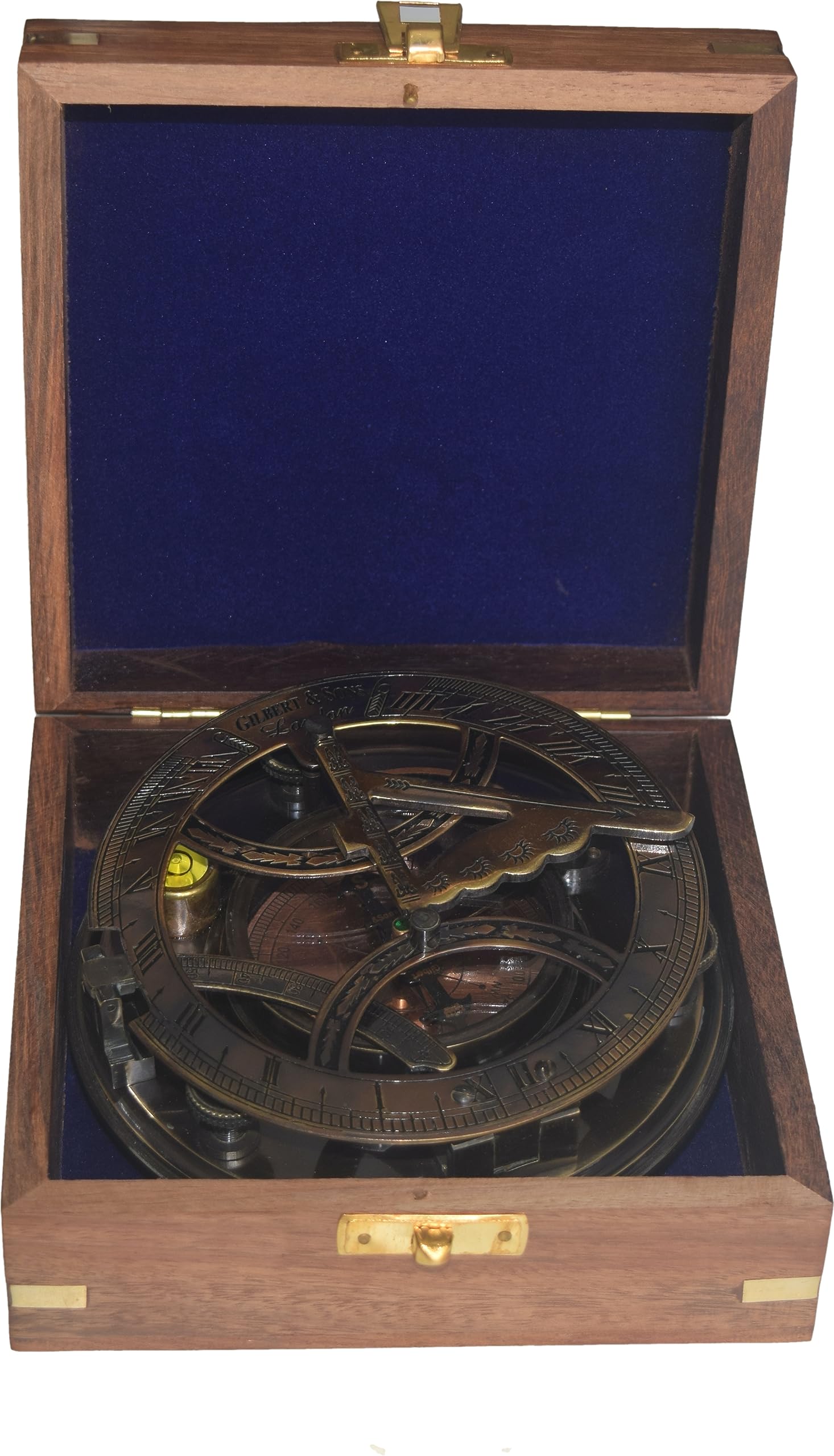 DOLCHI Brass 5" Sundial Compass with Wood Case - Antique Finish Gilbert Sundial for Camping/Hiking - Steampunk Accessory - Beautiful Sundial Clock (Antique Brass)