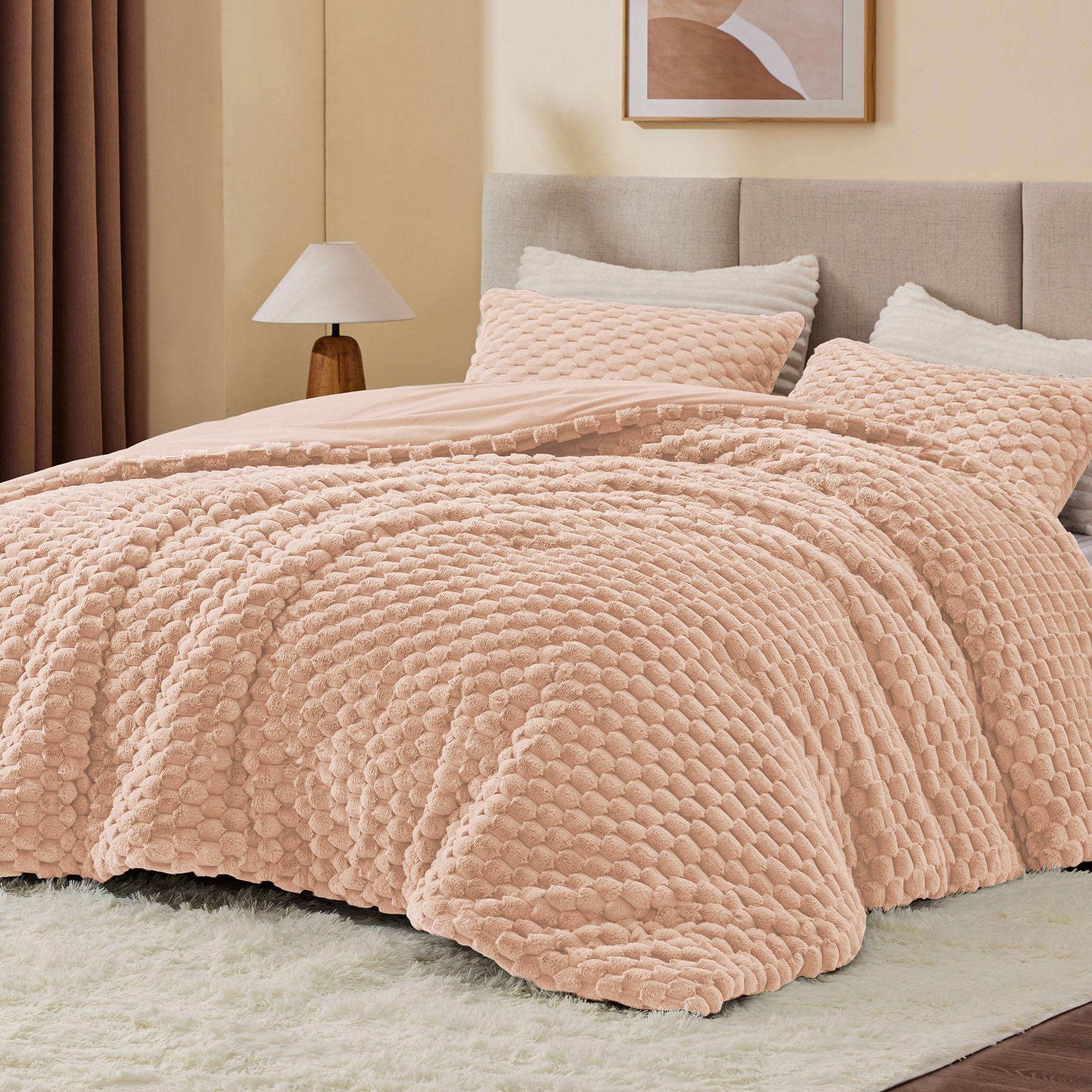 BEDELITE Fluffy King Size Comforter Set, Coral Pink Fleece Bed Set 3 Pieces | Soft &amp; Warm, Luxury Fuzzy Bedding for All Season, Cozy Room Decor Aesthetic, 1 Marshmallow Comforter with 2 Pillowcases
