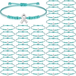 Sasylvia 20/50 Pcs Ovarian Cancer Awareness Bracelets Adjustable Cord Teal Ribbon Braided Bracelets Inspirational Ovarian ...