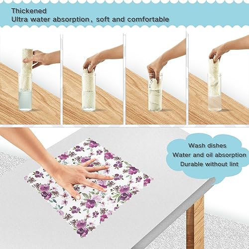 Miniatura 3 de linqin Purple Flowers 6 Pack Quick Dry Kitchen Towel Microfiber Decorative Soft Car Cleaning Cloth Reusable for Countertop Table