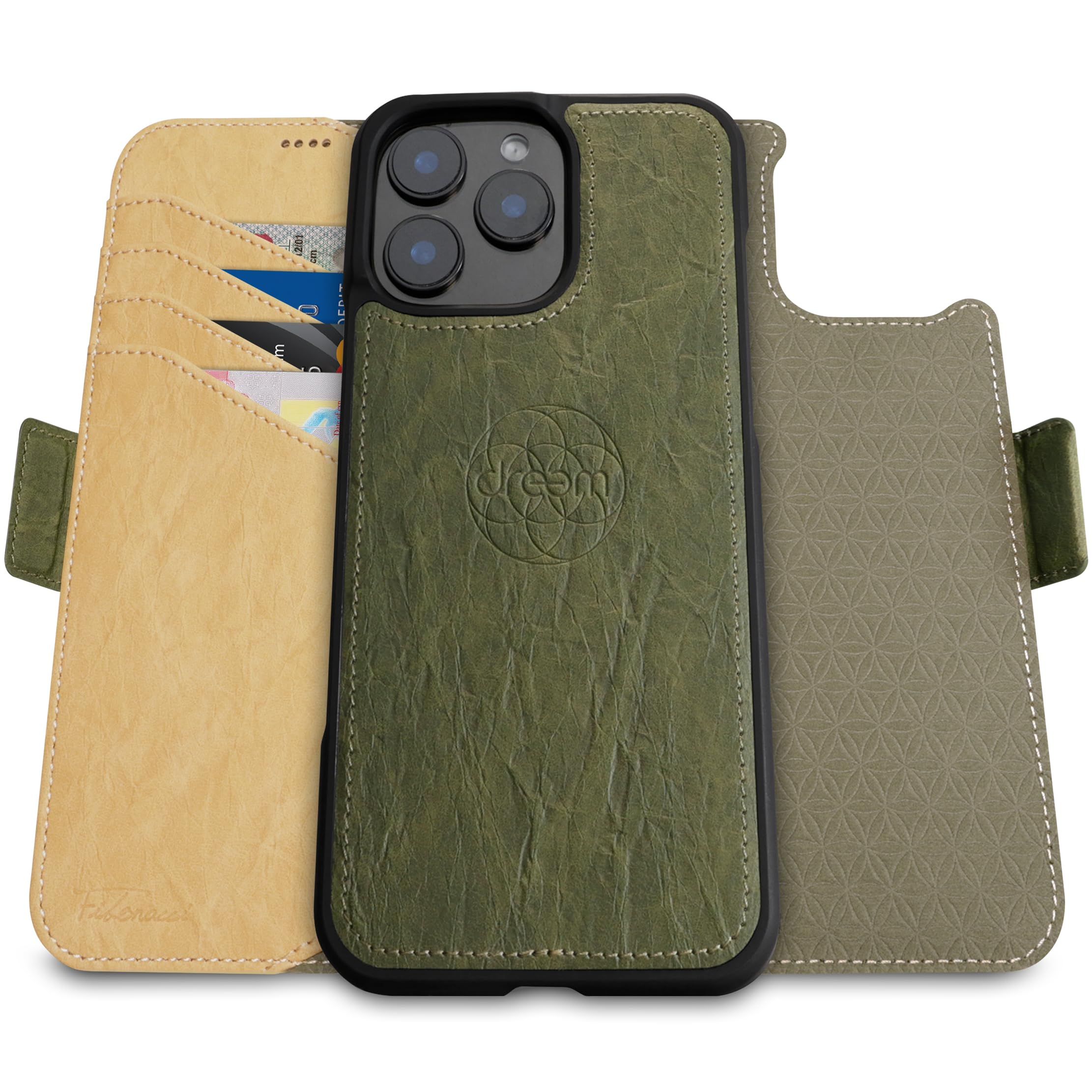 Dreem Etui do iPhone'a 16 Pro Max, rewolucyjny stojak na telefon, wegańska skóra, magSafe-Fit, magnetyczne odpinane etui z klapką, etui na karty blokujące RFID, pudełko prezentowe [Fibonacci: oliwkowy