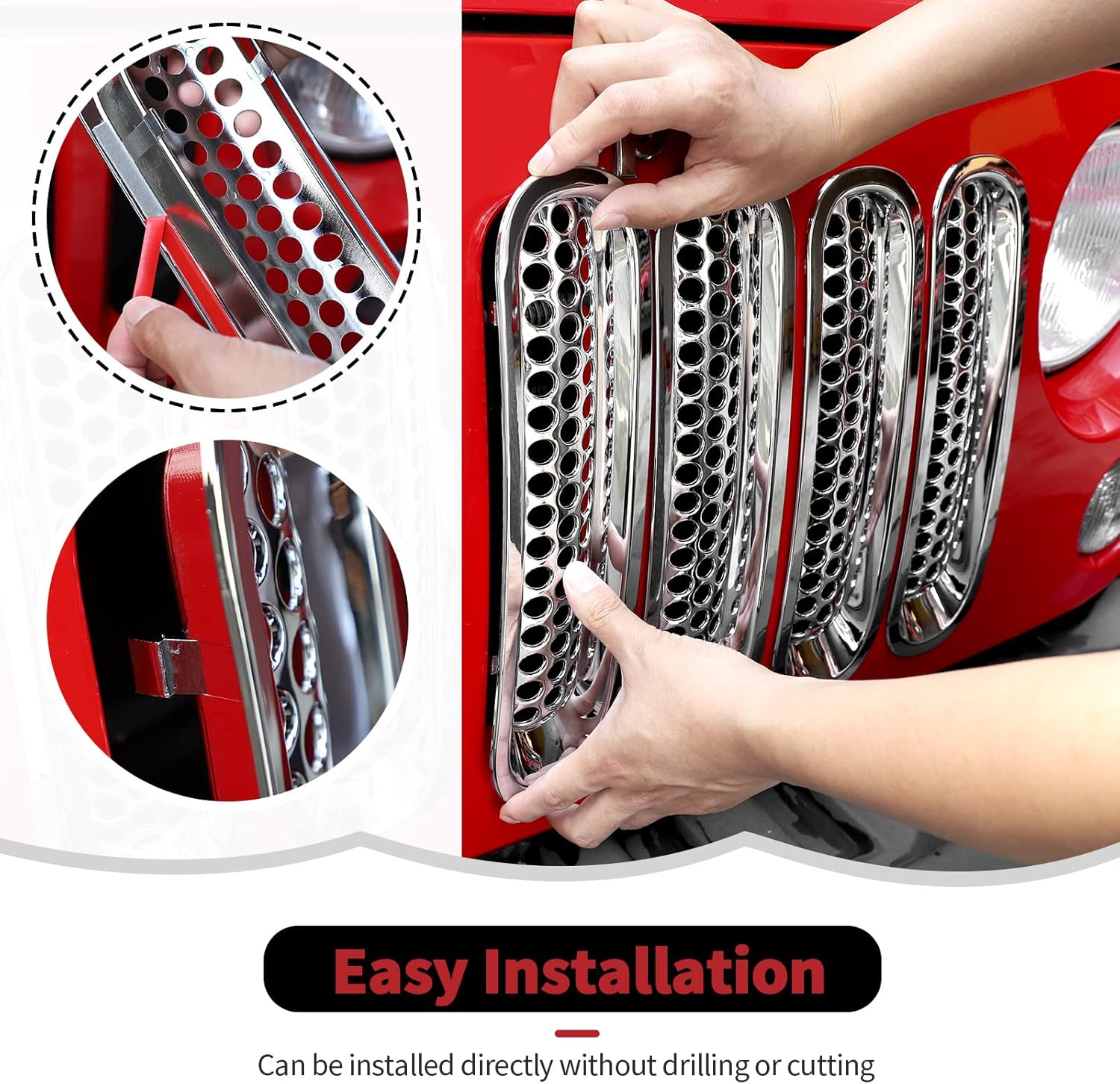 Upgrade Version Clip-on Grille Front Mesh Grille Inserts For Jeep Wrangler 2007-2017 (Chrome)