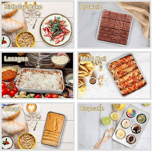 Miniatura 3 de TeamFar Juego de 8 utensilios para hornear de acero inoxidable, moldes para horno tostador para hornear, molde para lasañacuadradoredondo, molde