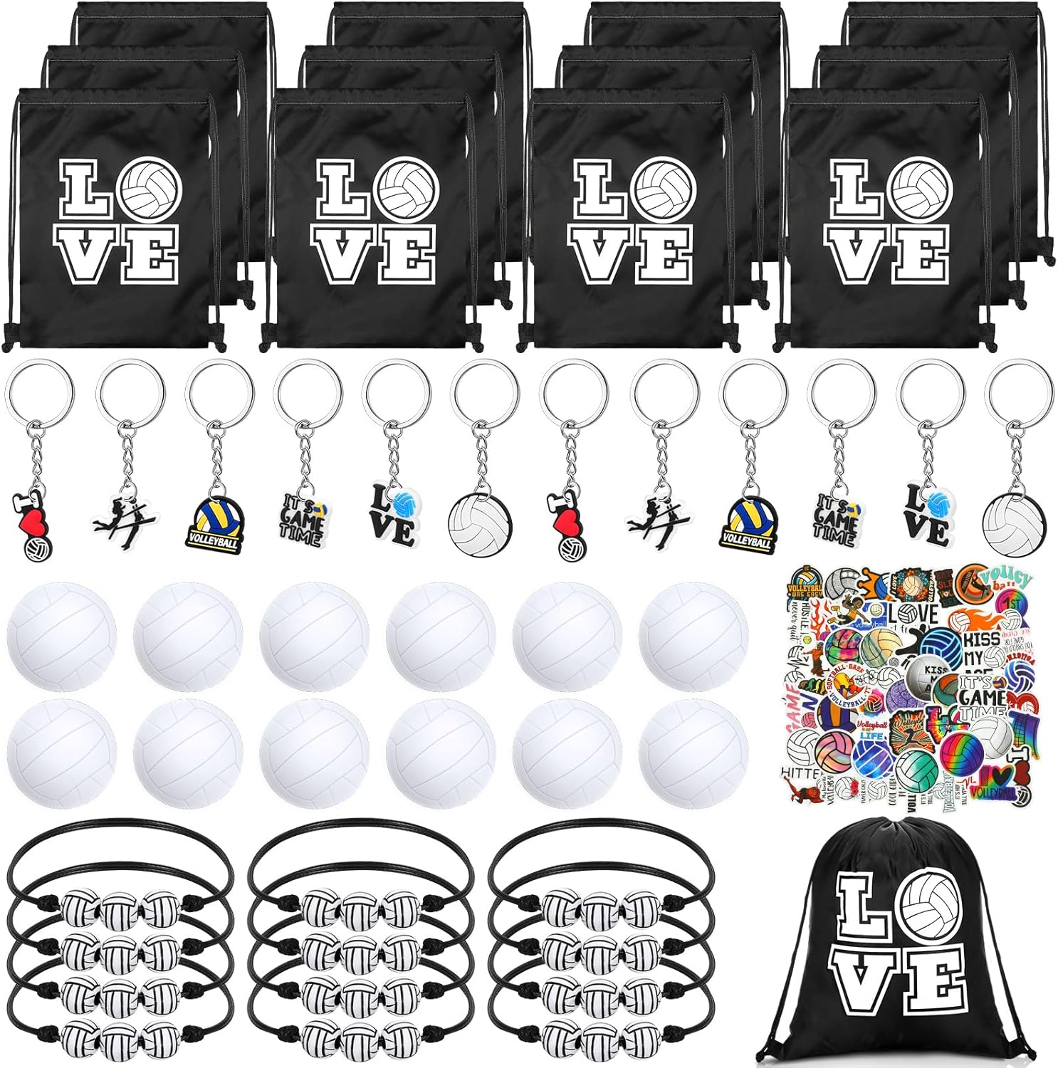 Capoda 98 Pcs Volleyball Party Favors Volleyball Football Baseball Team Gift 12 Keychain 12 Packs Sports Stress Ball 12 Small Drawstring Bag 12 Bracelets 50 Sticker