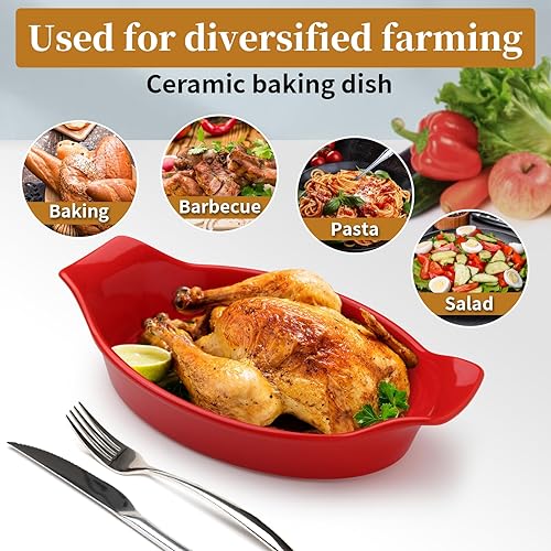 Miniatura 3 de FREEJY Plato para hornear de dos asas para cocinar y para regalos en el día de San Valentín, Navidad y Año Nuevo (rojo)
