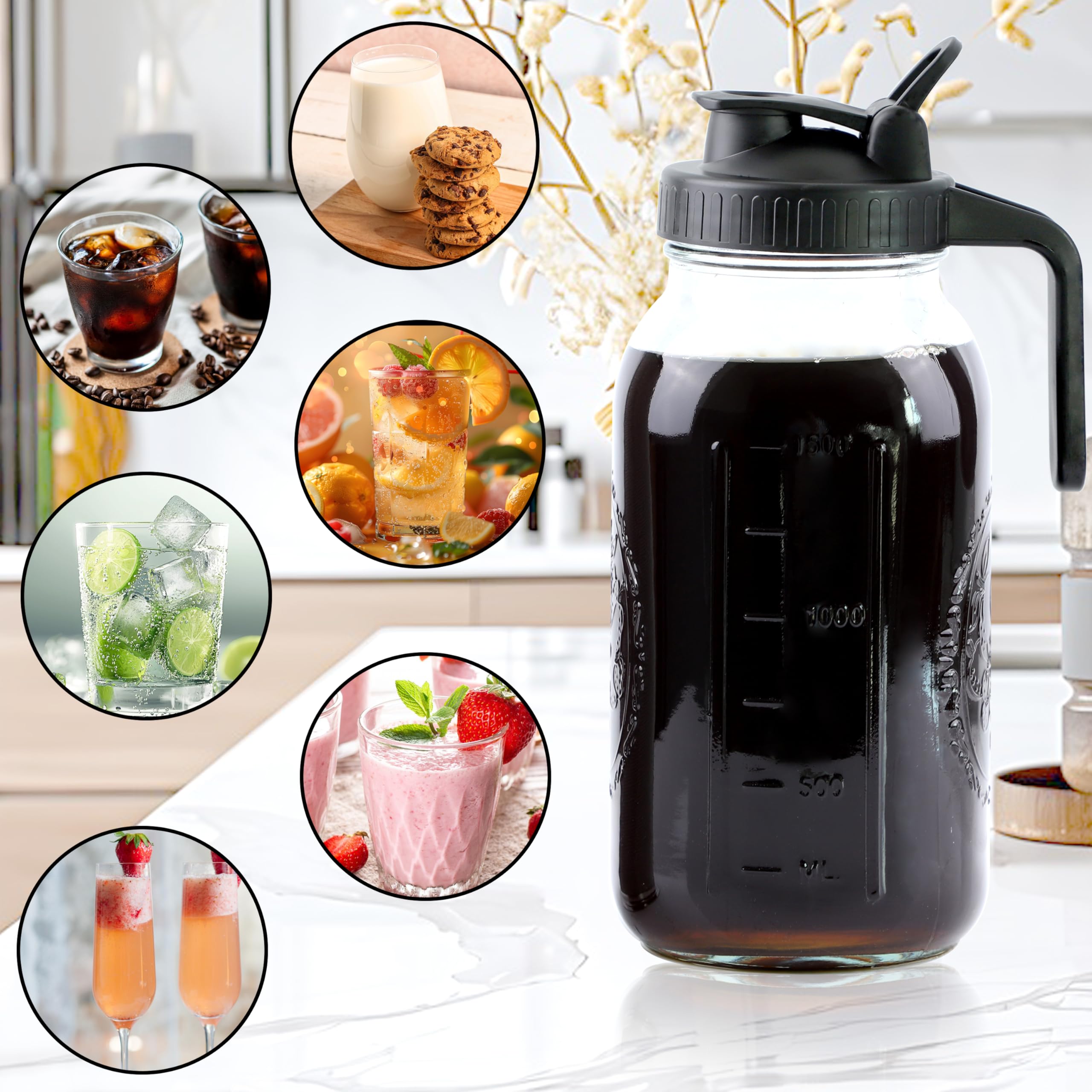 Cafetera fría de 64 onzas, 2 juegos de jarra de vidrio de medio galón con tapas de boquilla de vertido, jarra de cerveza fría de boca ancha de 2 cuartos de galón con colador para refrigerador, 6