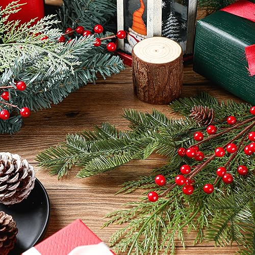Miniatura 4 de Tigeen Juego de 30 púas de pino de bayas de Navidad, 3 estilos de 13.5 pulgadas, 13.7 pulgadas, 16 pulgadas, agujas artificiales de ramas de pino