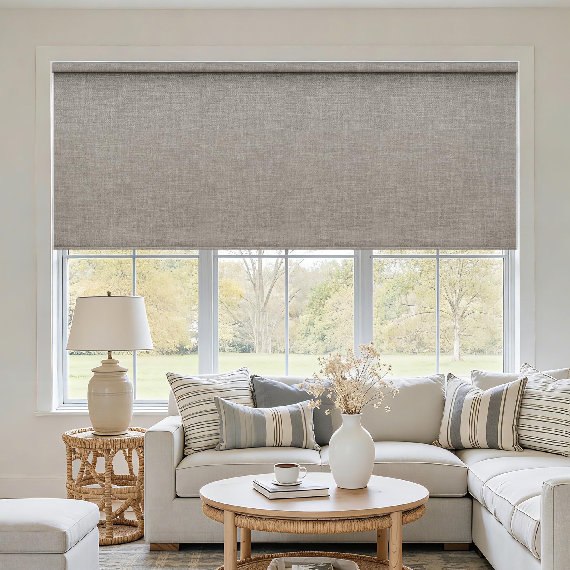 Photo 1 of Extra Wide Linen Roller Shades 100% Blackout Blinds for Indoor Large Window Bedroom Living Room Dining Free-Stop Cordless Room Darkening Thermal Insulated Black Out Shade Burlywood Birch Blinds 78x72