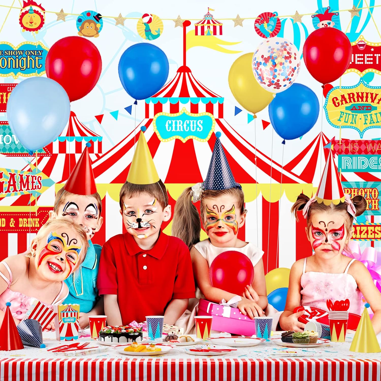 DECORLIFE Circus Party Decorations, Circus Party Supplies Includes Carnival Backdrop, Door Signs, Hats, Photo Props, Balloons, Hanging Swirls, Banners