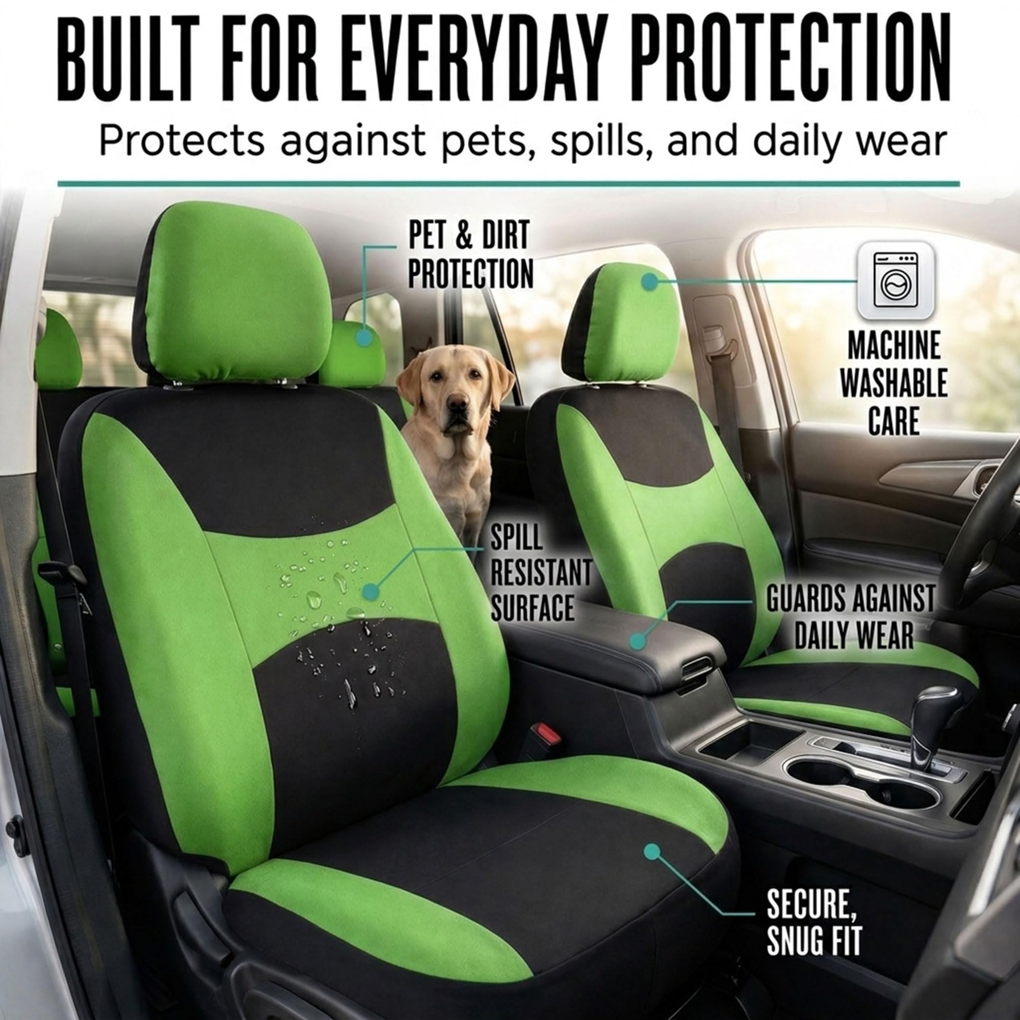 FH GROUP FB030GREEN-COMBO Autositzbezüge, universelle Passform, Kombi-Set mit Lenkradbezug und Sicherheitsgurtpolster, für die meisten Pkw, SUV, LKW, Airbag-kompatibel, Geteilte Rückbank, Grün