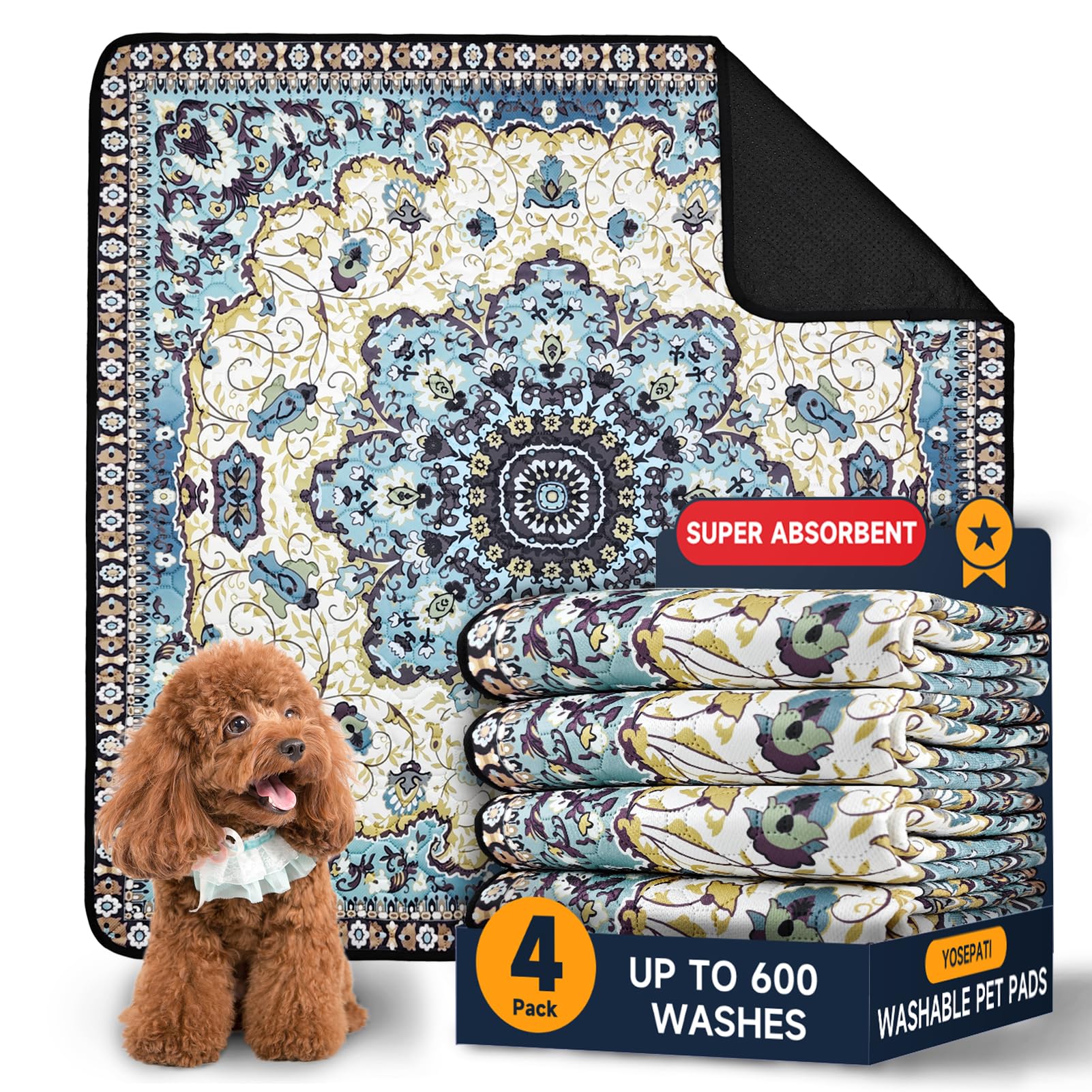 YOSEPATI Washable Pee Pads for Dogs 4 Pack,60x45cm Waterproof Non-Slip Reusable Puppy Pad with Fast Absorbent,Leakproof Whelping Pads for Pet Housebreaking (Royal Blue Medallion, 60x45cm(Pack of 4))