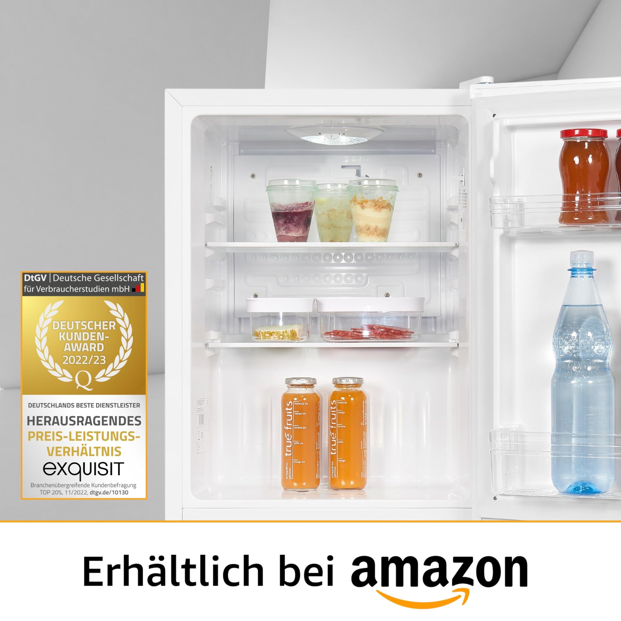 Exquisit Mini Kühlschrank KB60-V-090E weiss 52 l LED-Innenbeleuchtung Glasablagen 45cm