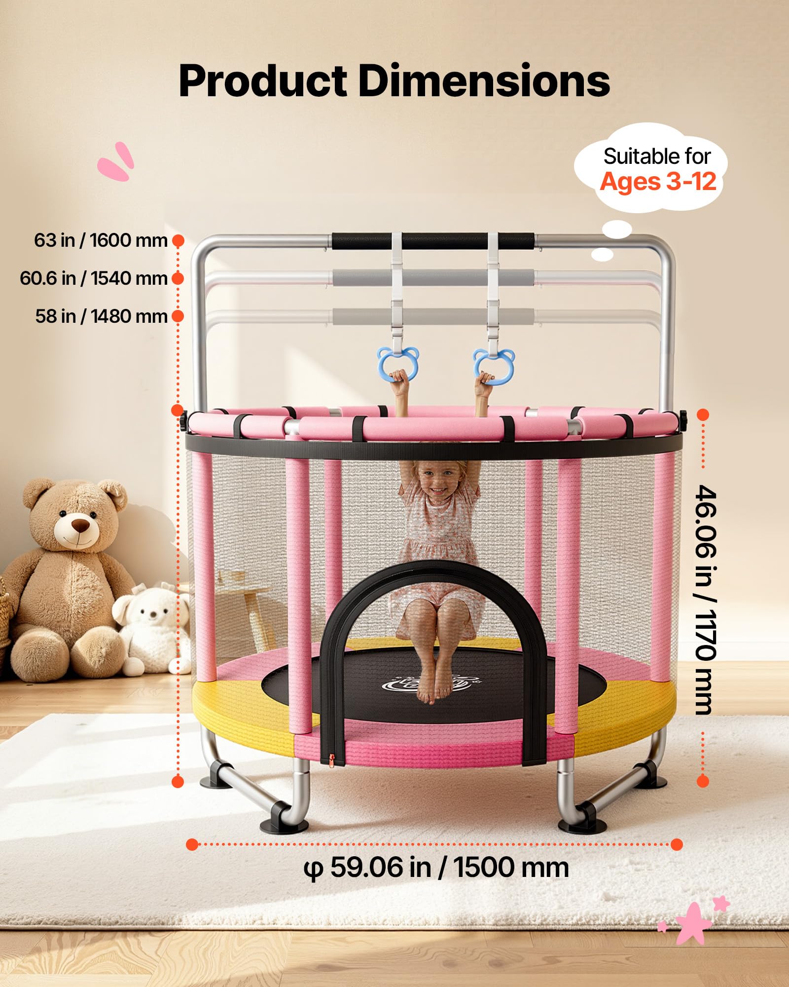 VEVOR Trampolino Elastico per Bambini Rete Protezione 150 cm Carico 60 kg, Trampolino Giocattolo Esercizio per Bambini da Interno Esterno Barra Regolabile Tappeto Integrato, Manubrio a 3 Livelli