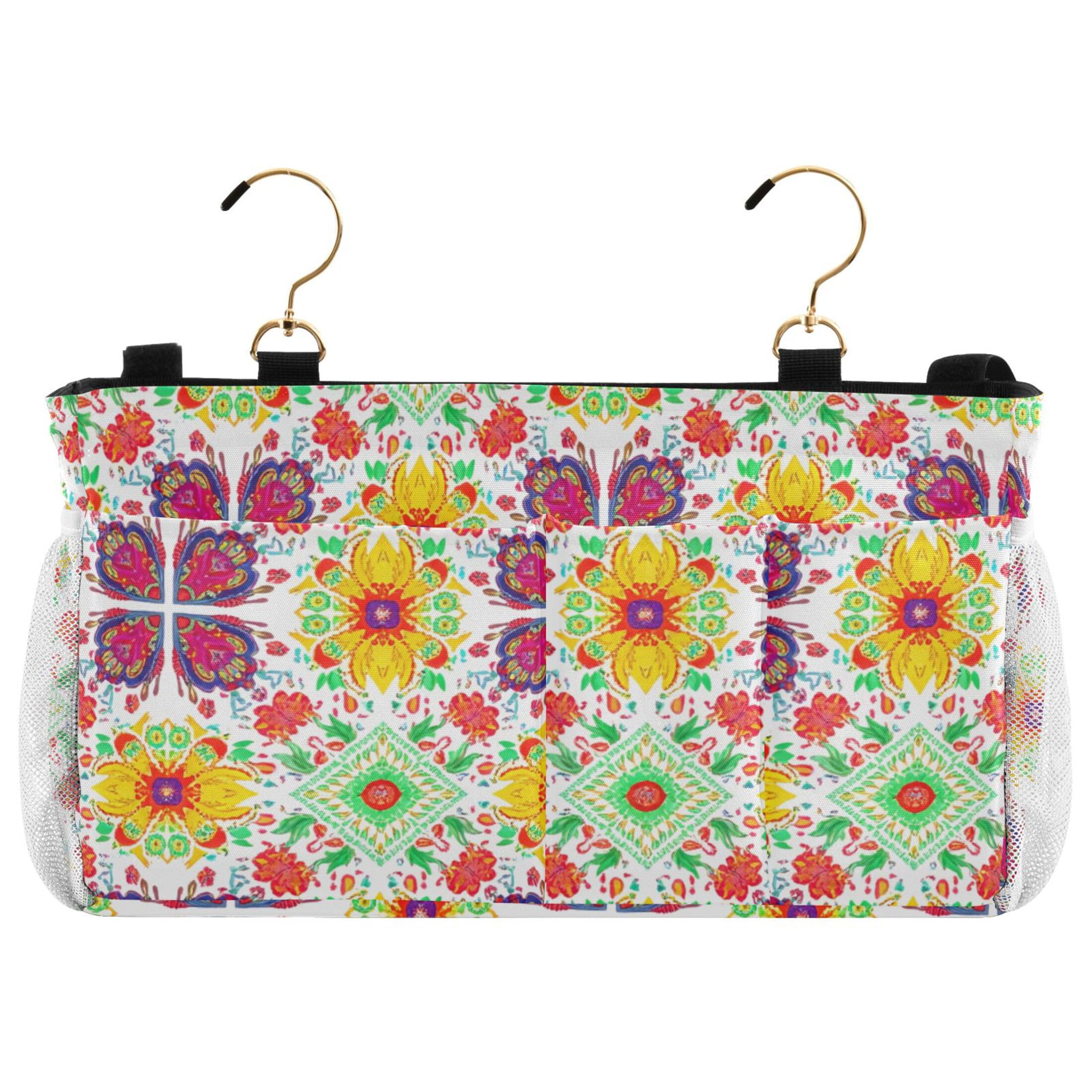 Burbuja Colorful Flower Tiles Bedside Caddy Hanging Storage Organizer with 2 Straps and Hooks for Home College Dorm Bunk Bed Hospital Bed Crib