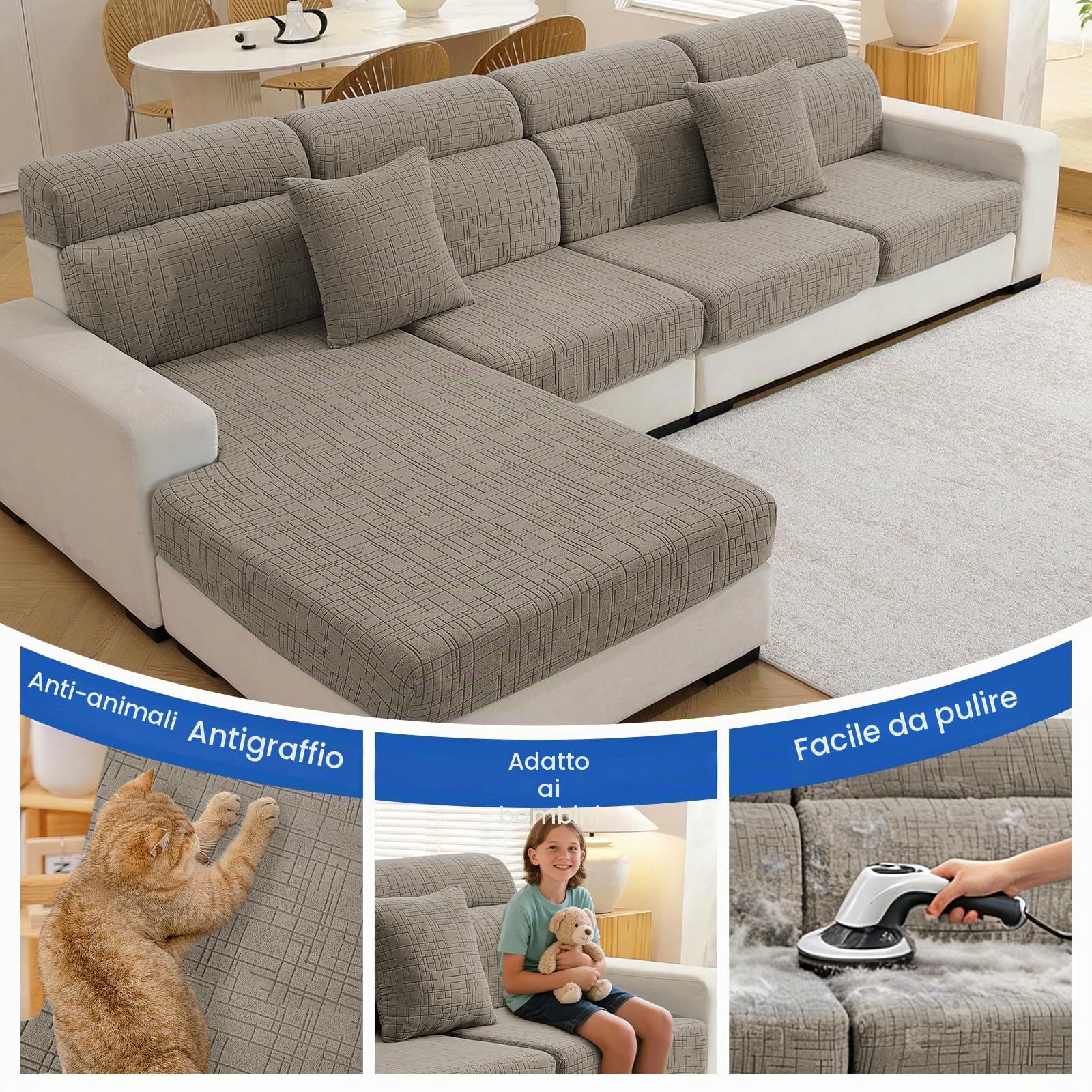 YSTELLAA Copricuscini Divano Elasticizzato, Copri Cuscino Divano Universale, Copricuscini per Divani, Copridivano Cuscini Separati, per Soggiorno(1 Posto*2+Chaiselongue, Kaki)