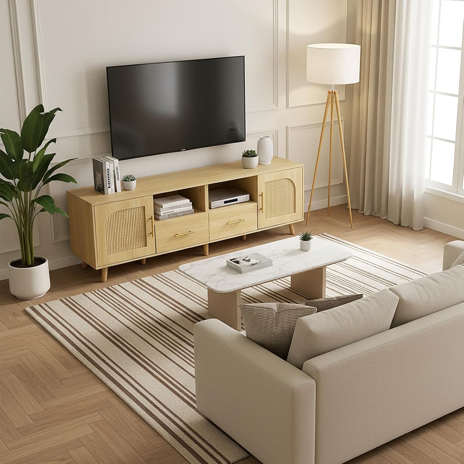 TV Stand for 70 Inch TV, 63" Modern Fluted TV Stand with Outlet, 2 Drawers & Cabinets, Entertainment Center with Open Shelves, Minimalist TV Stands for Living Room (Natural Wood)