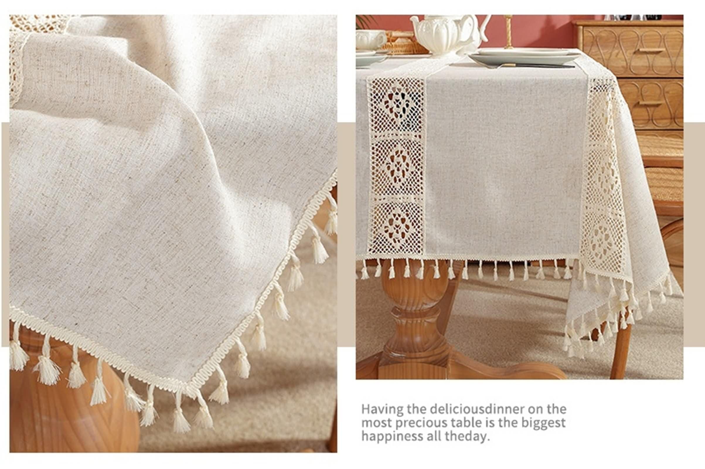 Mantel Antimanchas y Lavable Rectangular Beige Exterior, Encaje Hueco con Borlas, de Poliéster Fácil de Limpiar, 140 x 240 cm, Mantel para Comedor y Cocina