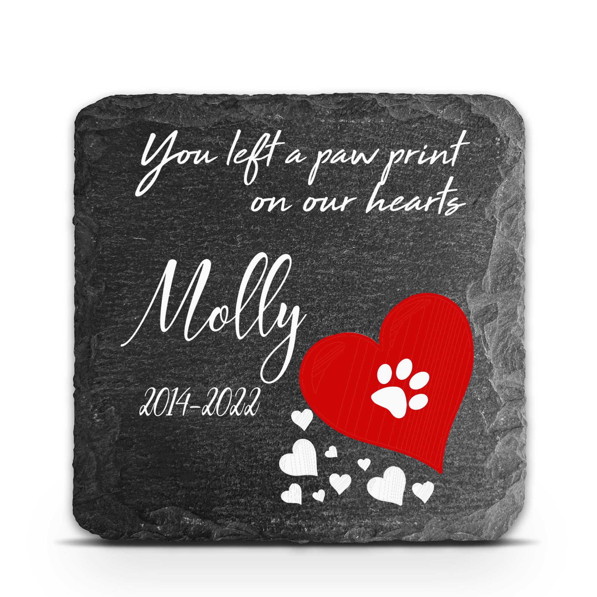TULLUN Personalised Dark Grey Square Shape Memorial Plaque For Pet Cat Dog Slate Stone Rock Frame Paw Grave Marker - Size 3,94" x 3,94" or 100 x 100 mm - Red Heart — image 1