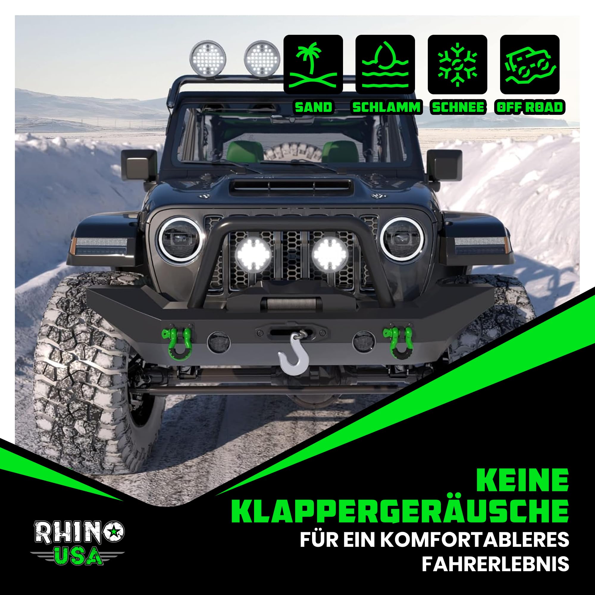 Rhino USA D-Ring Schäkel (2 Stück) – 18.983kg Bruchfestigkeit – Schwerlast 1,9 cm Augbolzen Schäkeln mit 2,2 cm Bolzen für Abschlepp und 4X4 Einsatz – Paar mit Abschleppgurt für Fahrzeugbergung (Grün)