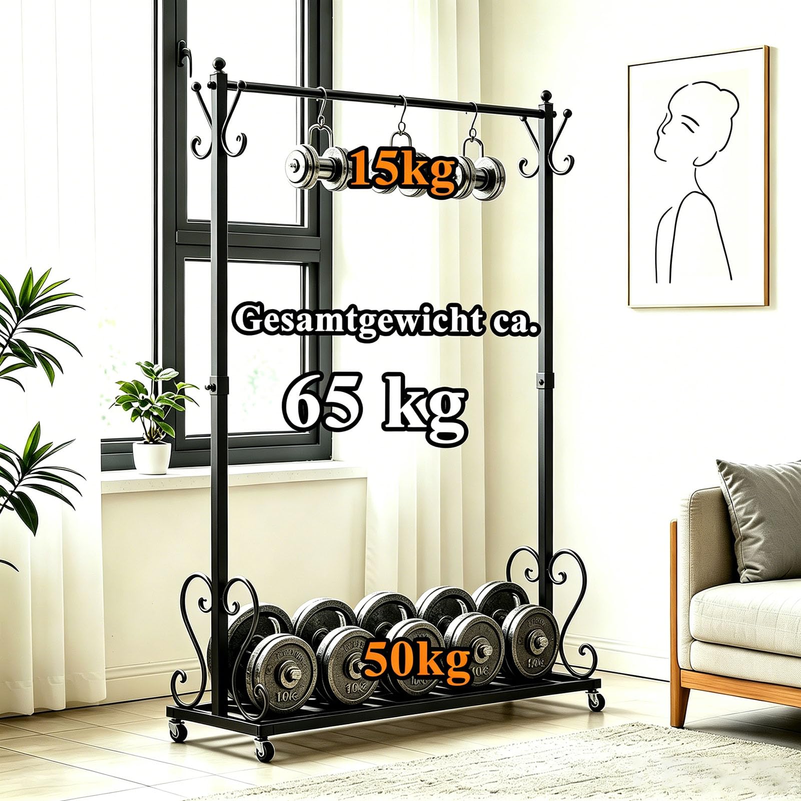 Kleiderständer aus Metall mit Rollen (Schwarz, 120x170cm) | Garderobenständer mit 8 Haken, Regal & 4 Bremsrollen – stabil, belastbar bis 65 kg, für Schlafzimmer, Boutique, Unteres