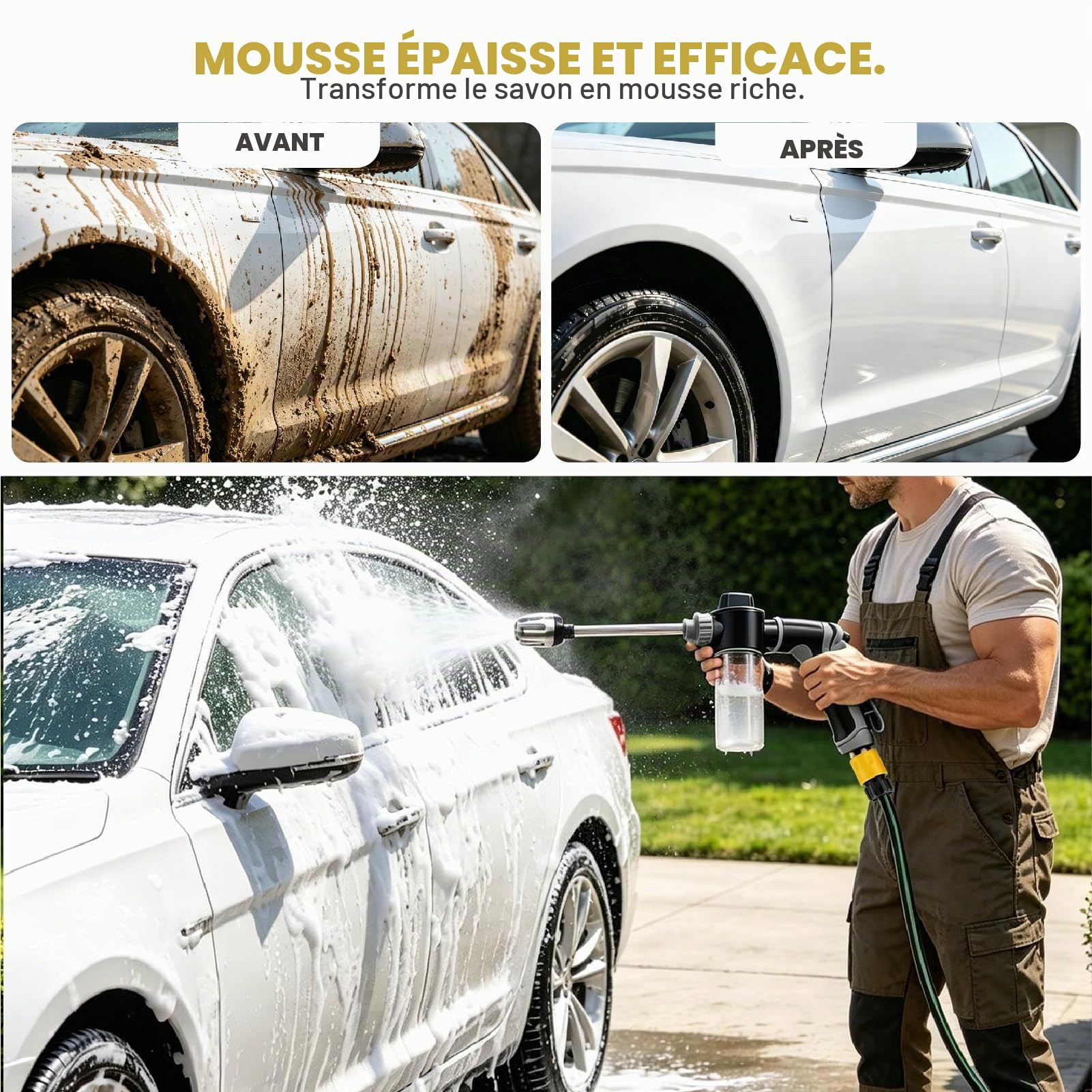 Funnity Jetterix Pistolet Haute Pression, Lance de Nettoyage Métal | Jet réglable, mousse intégrée, nettoyage rapide sans effort, pour voiture, terrasse, façade et mobilier extérieur