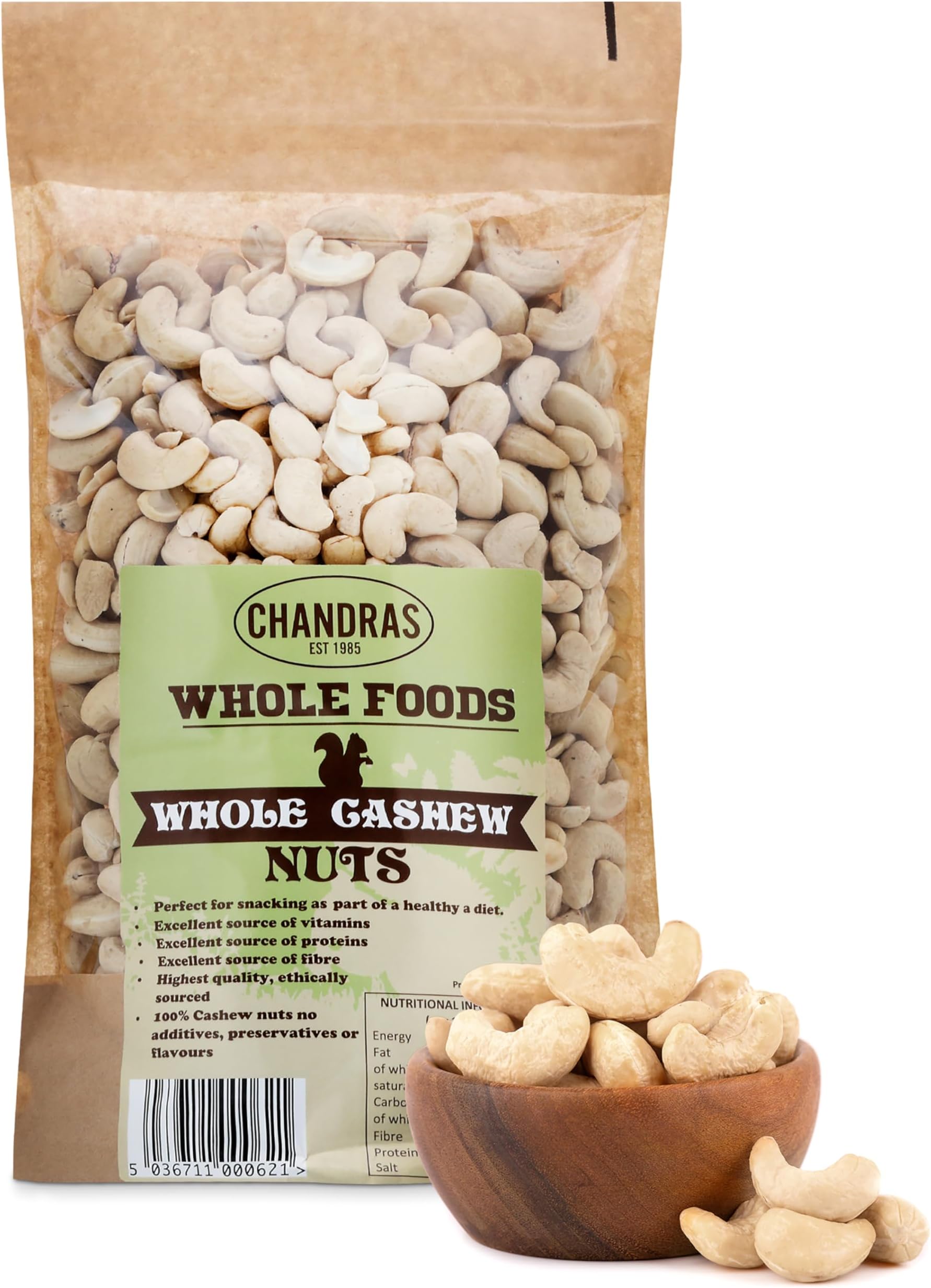 Chandra Whole Foods –Whole Cashew Nuts 1KG -Low-GI Quality Raw Deshelled Cashew Nuts for Snacking, Curries, Smoothies, Baking, Cooking & Gravies - Gluten-Free & Keto, Rich in Protein, Vitamins & Fibre