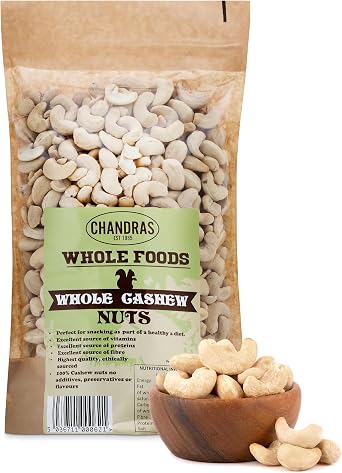 Chandra Whole Foods  Whole Cashew Nuts 1KG -Low-GI Quality Raw Deshelled Cashew Nuts for Snacking, Curries, Smoothies, Baking, Cooking & Gravies - Gluten-Free & Keto, Rich in Protein, Vitamins & Fibre
