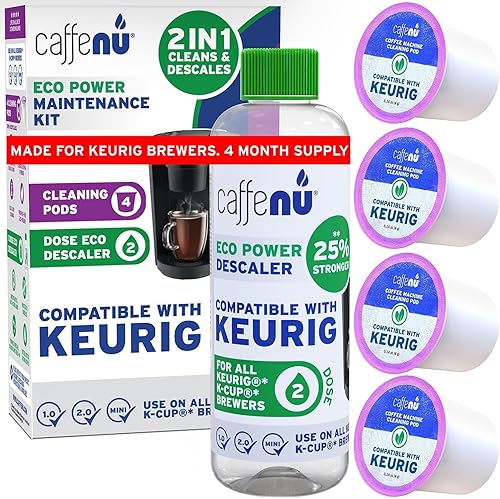 Solución de descalcificación compatible con Keurig y cápsulas limpiadoras Keurig. Elimina la cal y limpia el área de las cápsulas. Mejor sabor y