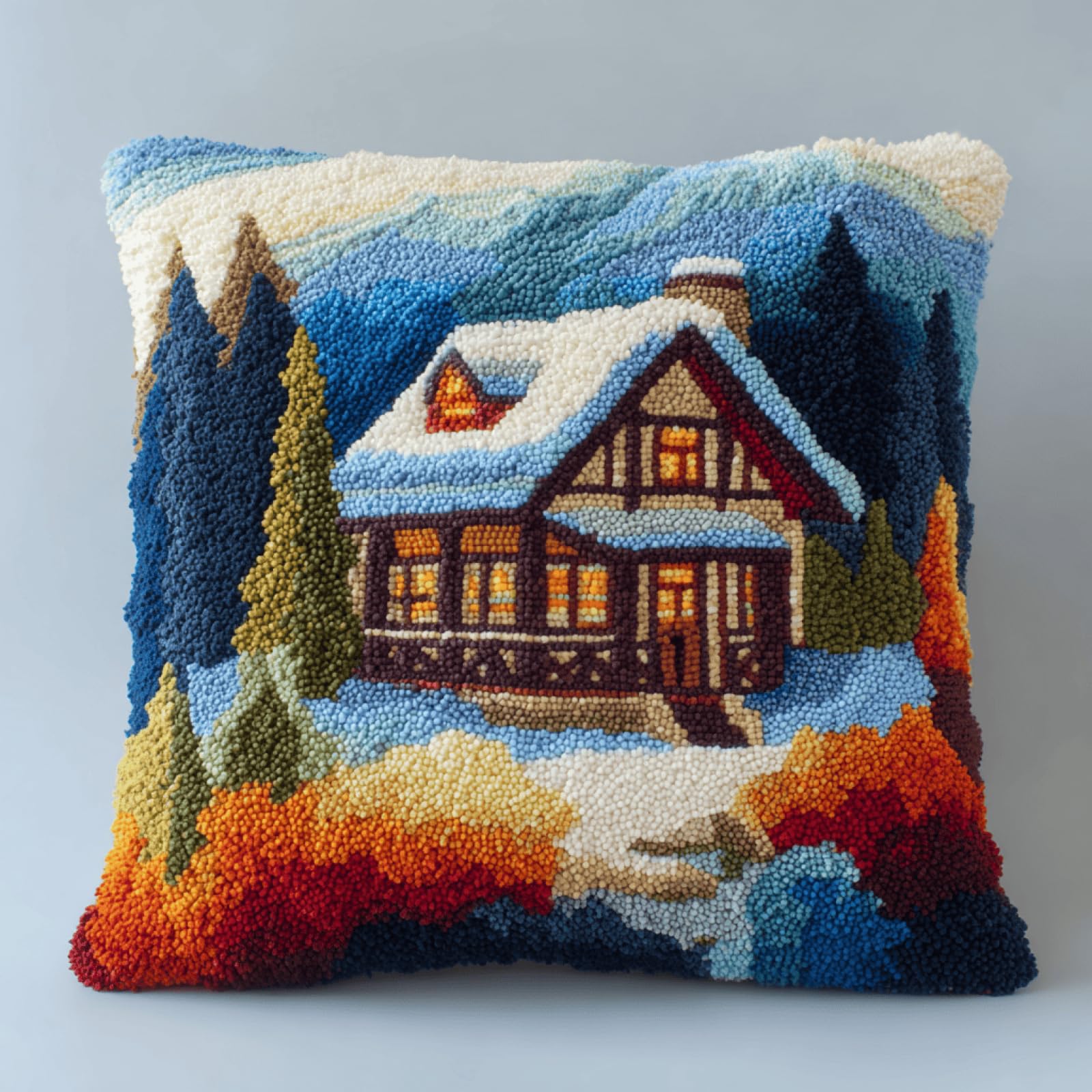 kitphoenix Pre-Printed Latch Hook Cushion Kit Snow Cabin