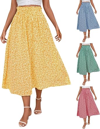 Floral Midi Skirt Boho Flowy Elastic High Waist A Line Yellow Skirt Trendy Beach Flared Bow Linen Long Skirts for Women with Pockets Dressy Casual Vacation Swing Ankle Length Maxi Summer Skirts