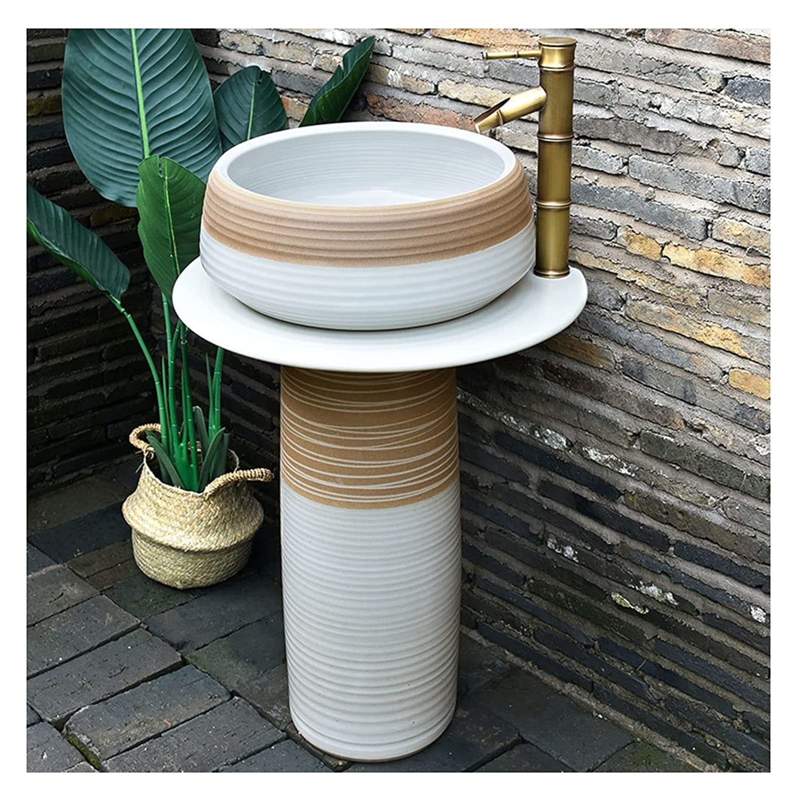 OLSKFUH Freestanding Pedestal Sink Floor Standing Art Sink Free Standing Vanity Basin, Kaolin Clay Pedestal Sink, Pedestal ?Bathroom Sink, Vessel Sink Combo Toilets Basins Handma,Without Mirror