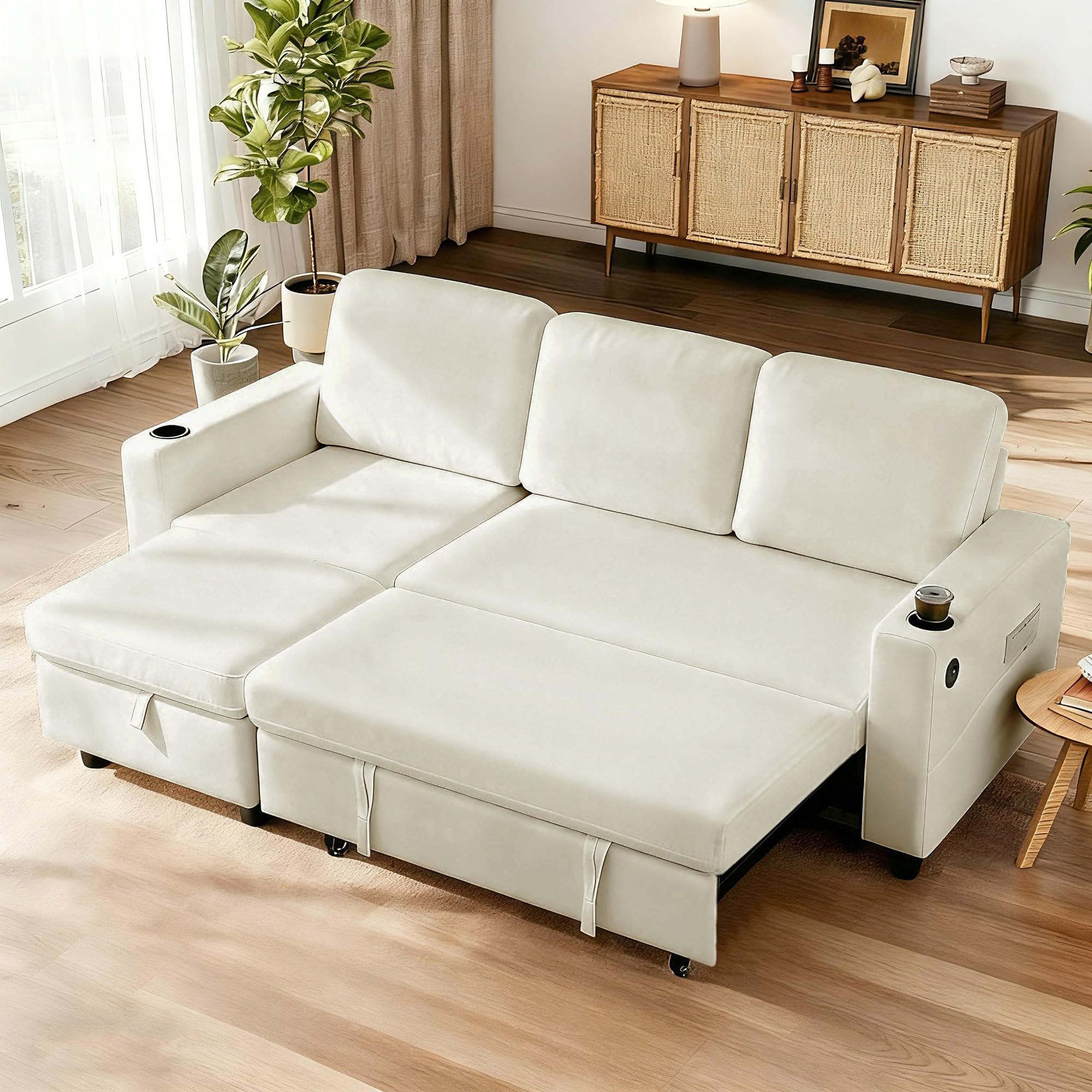 KISLOT 84 Inch Sectional Sleeper Sofa with Pull Out Bed Convertible 2 in 1 Couch with Storage Chaise & USB Charging Comfy L Shaped Modular Couches for Living Room Apartment(2 Box)